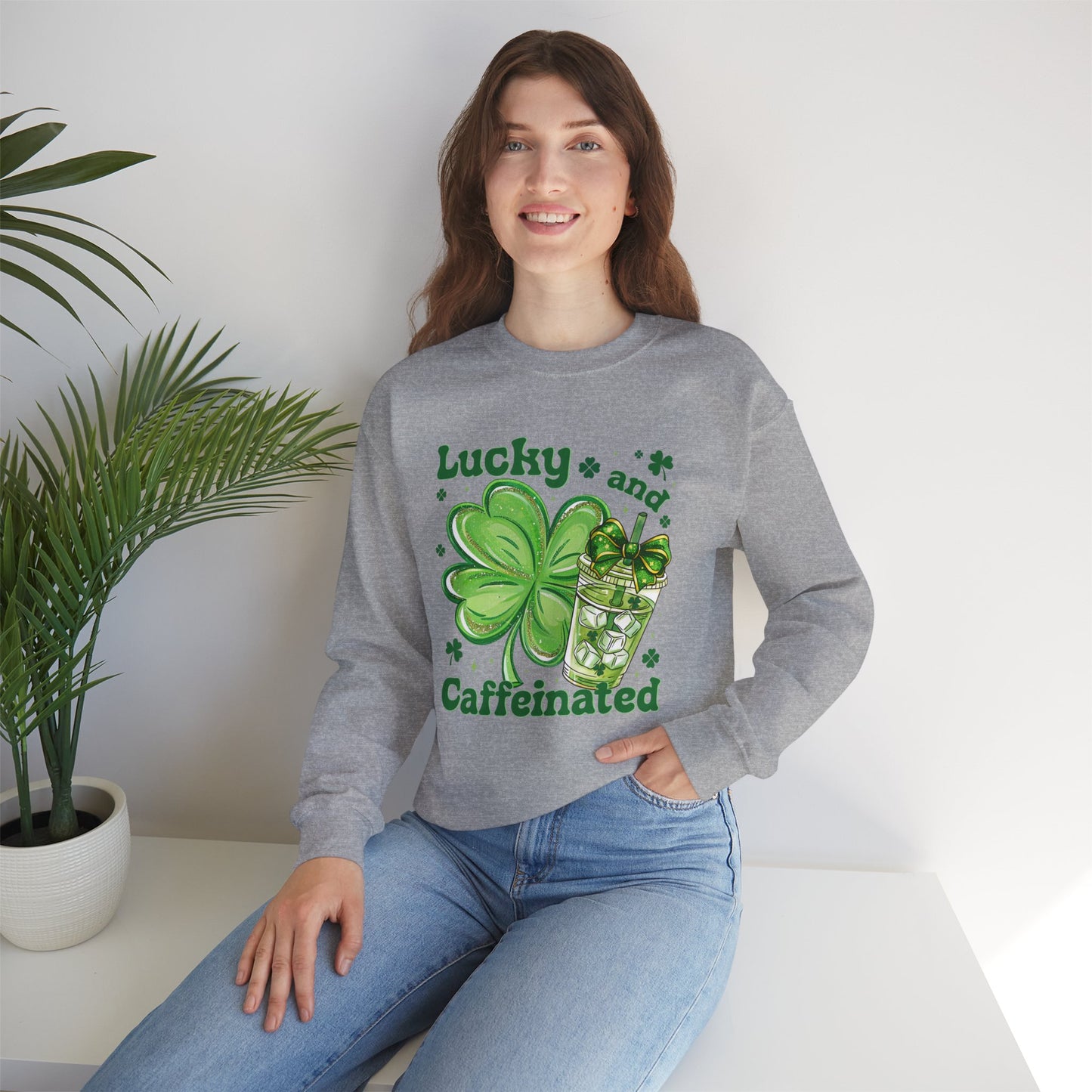 St. Patrick’s Sweatshirt - "Lucky and Caffeinated" Shamrock Coffee Crewneck