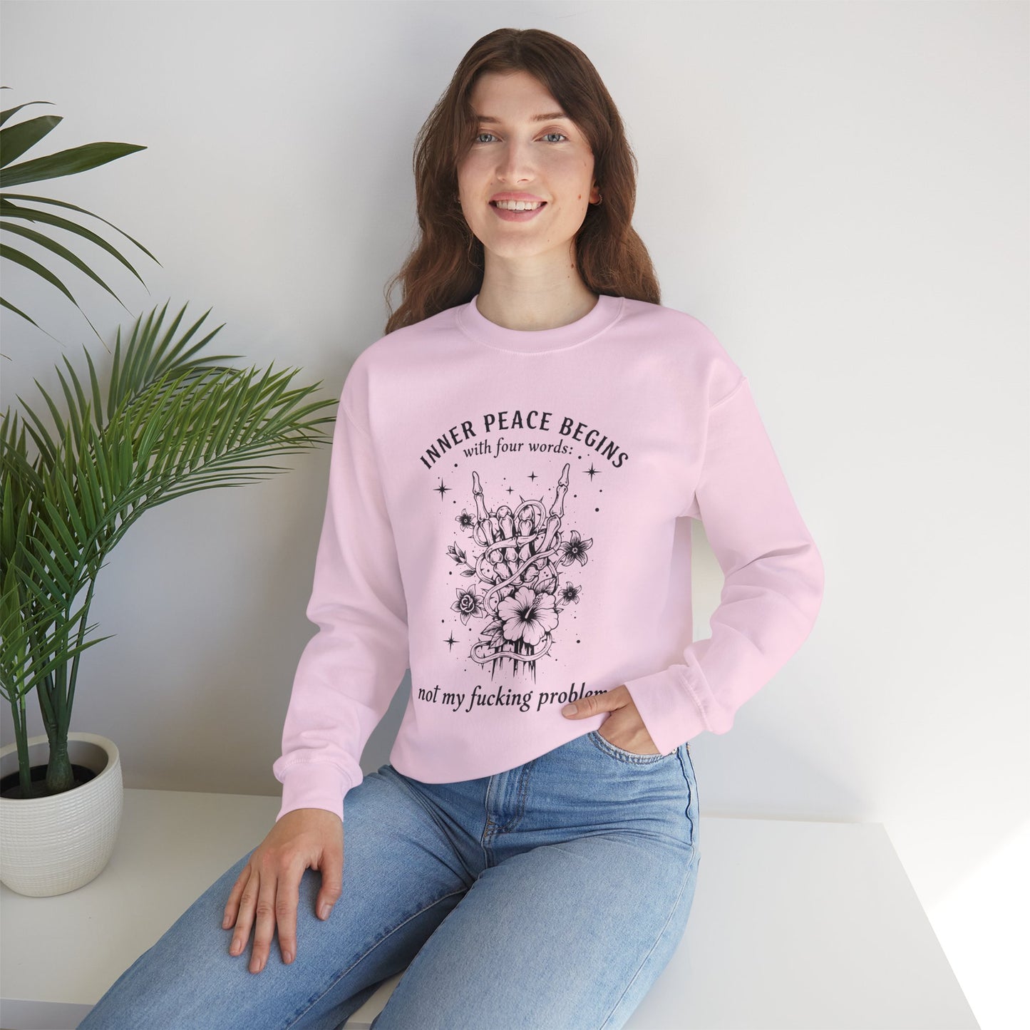 Crewneck Sweatshirt — "Inner Peace Begins... Not My Fucking Problem" Floral Hand Gesture Design