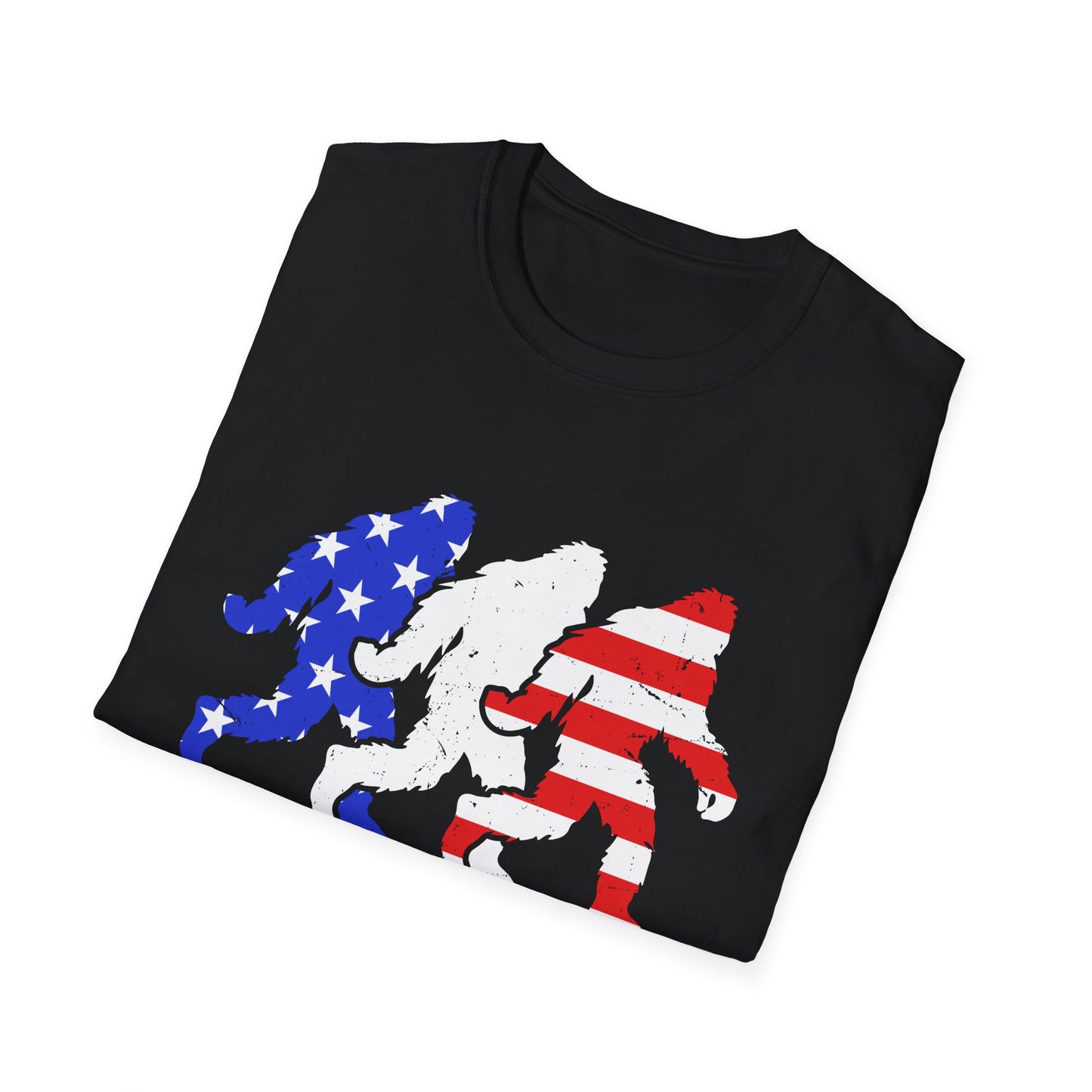 Patriotic Sasquatch Trio T-Shirt — American Flag Bigfoot Graphic Tee