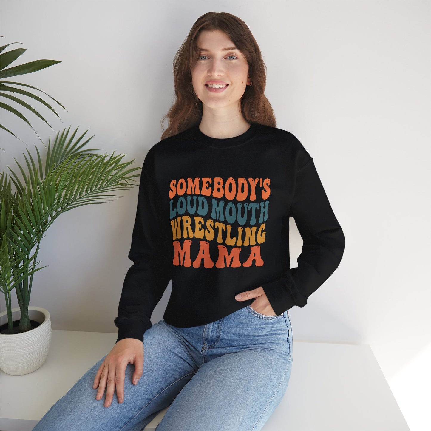 Wrestling Mama Crewneck Sweatshirt — "Somebody's Loud Mouth" Retro Graphic