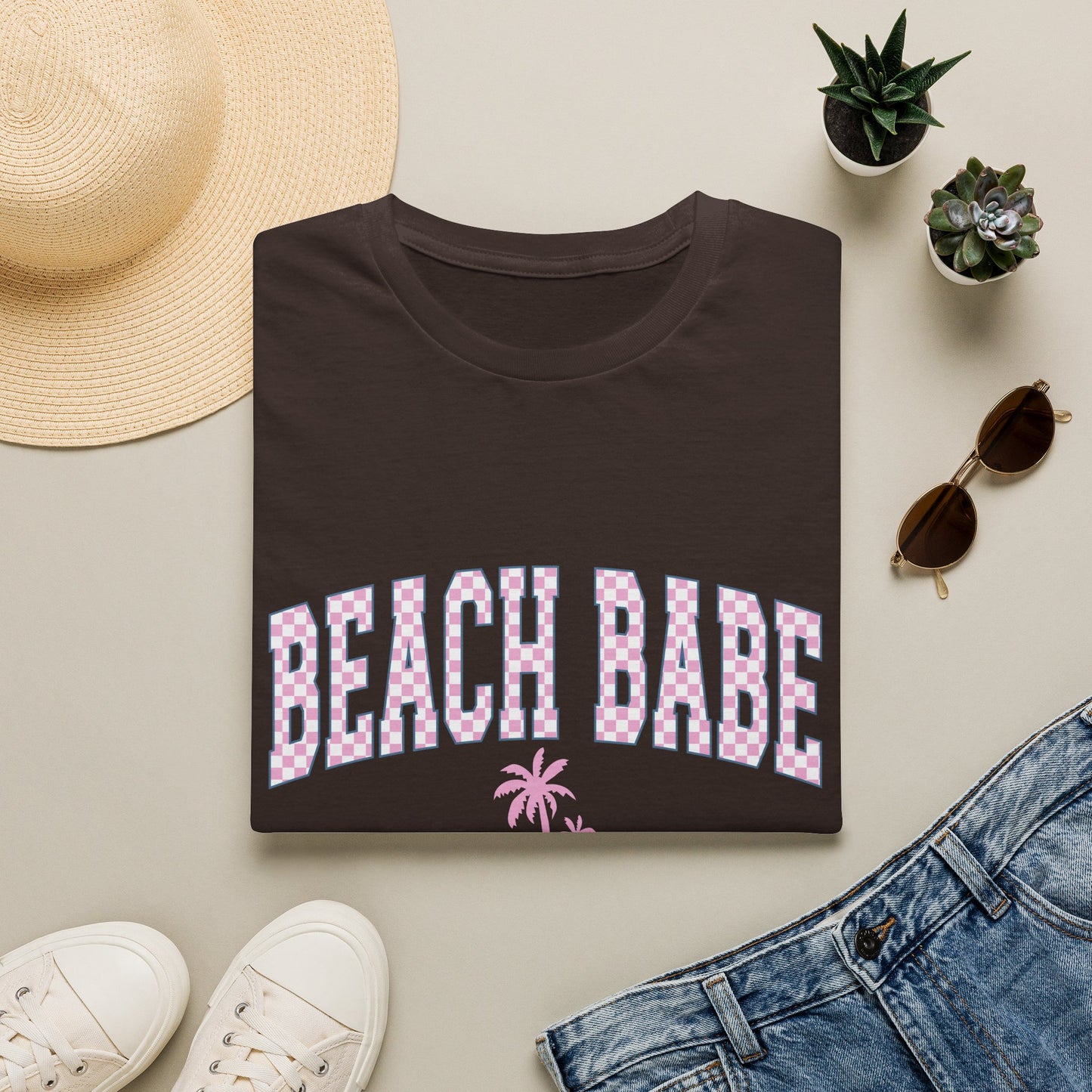 Beach Babe T-Shirt — Pink Check Retro Palm Tee for Summer & Vacation