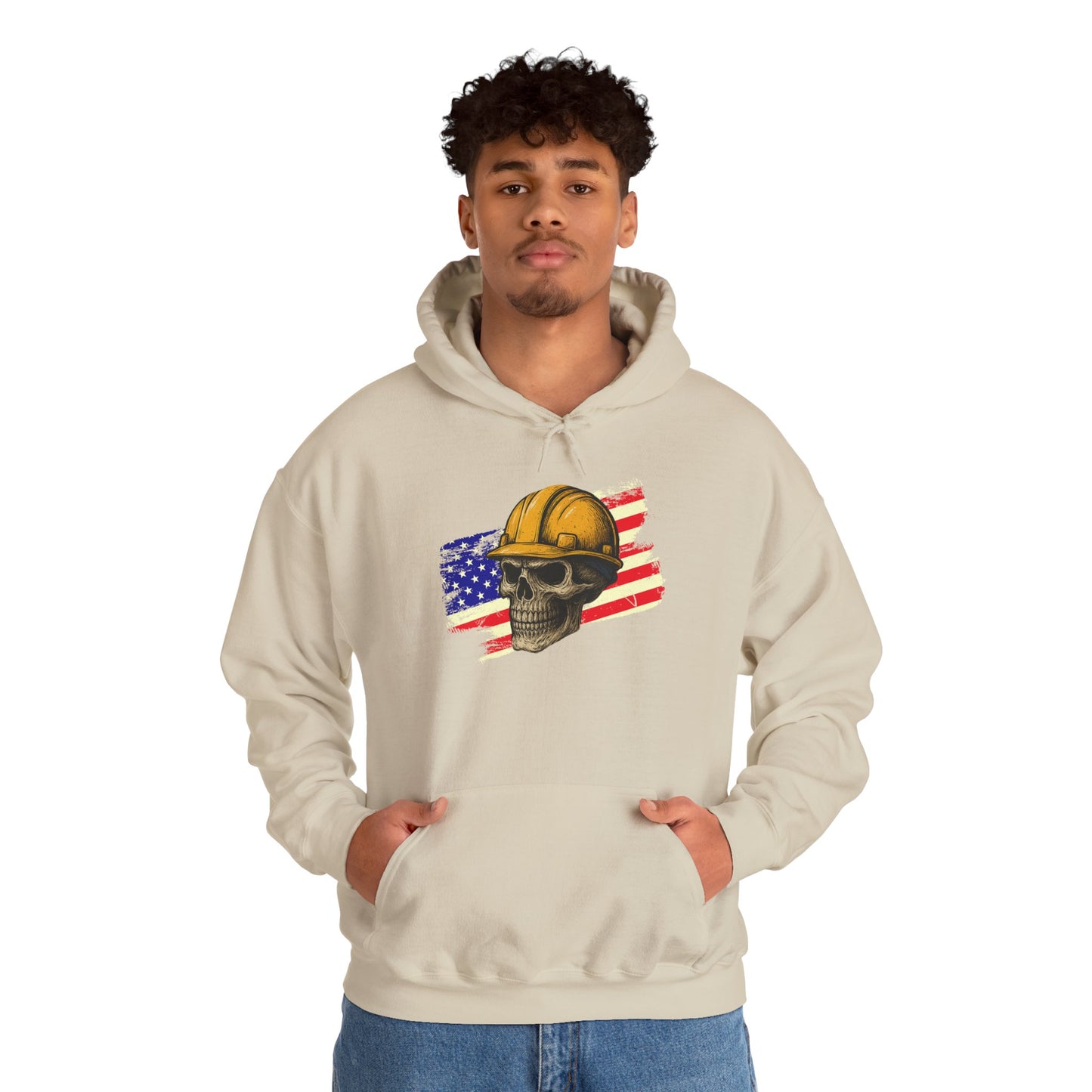 American Construction Skull Hoodie — Worker Hard Hat Flag Design