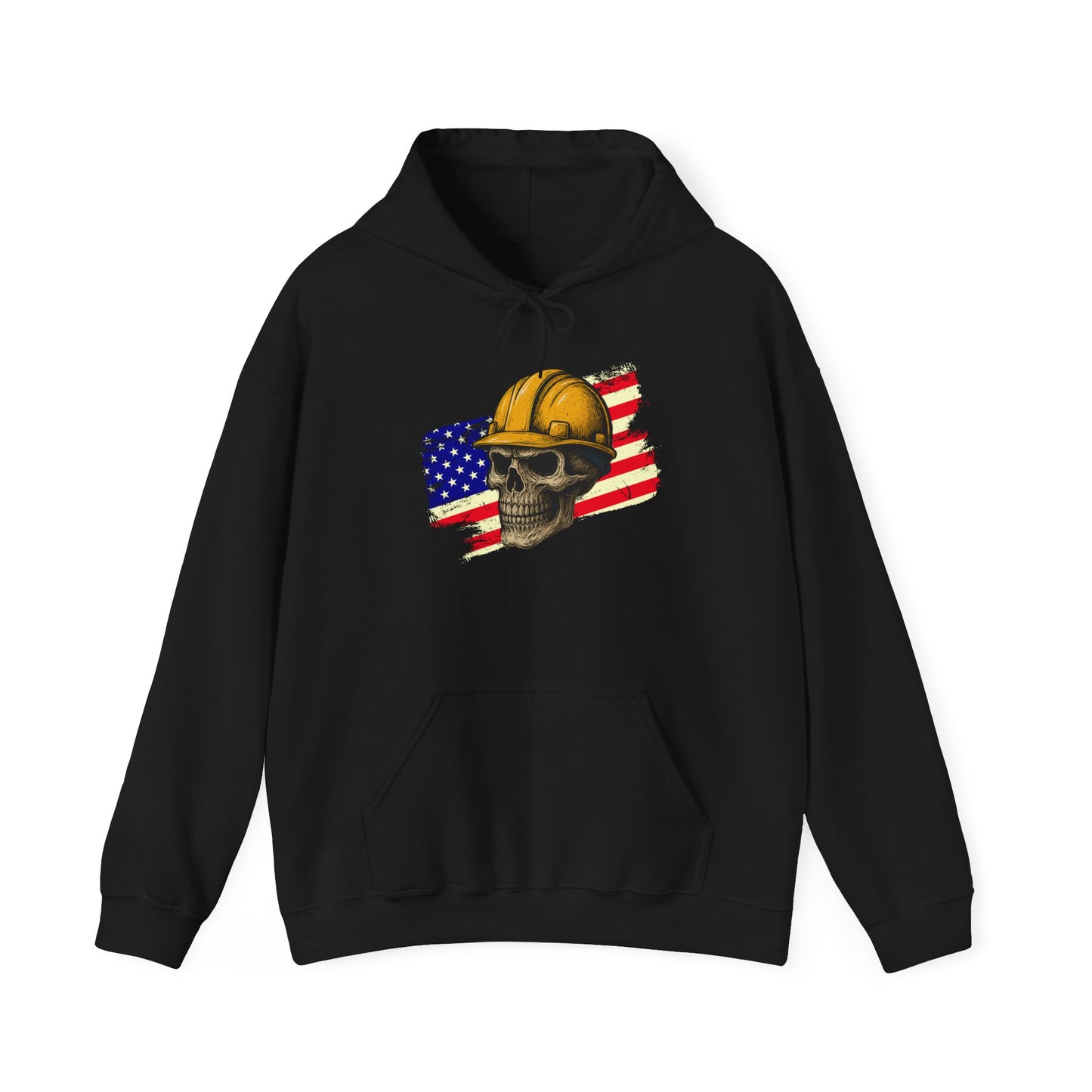 American Construction Skull Hoodie — Worker Hard Hat Flag Design