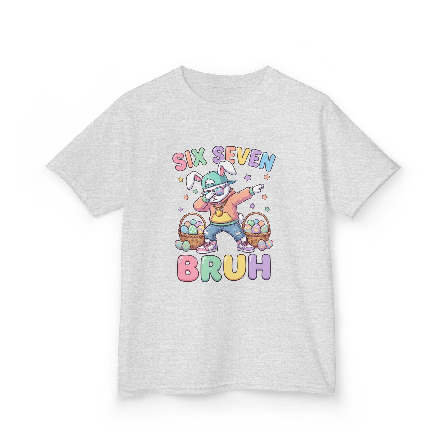 Kids "Six Seven Bruh" Graphic Tee — Cute Rainbow Skateboard Dino Shirt