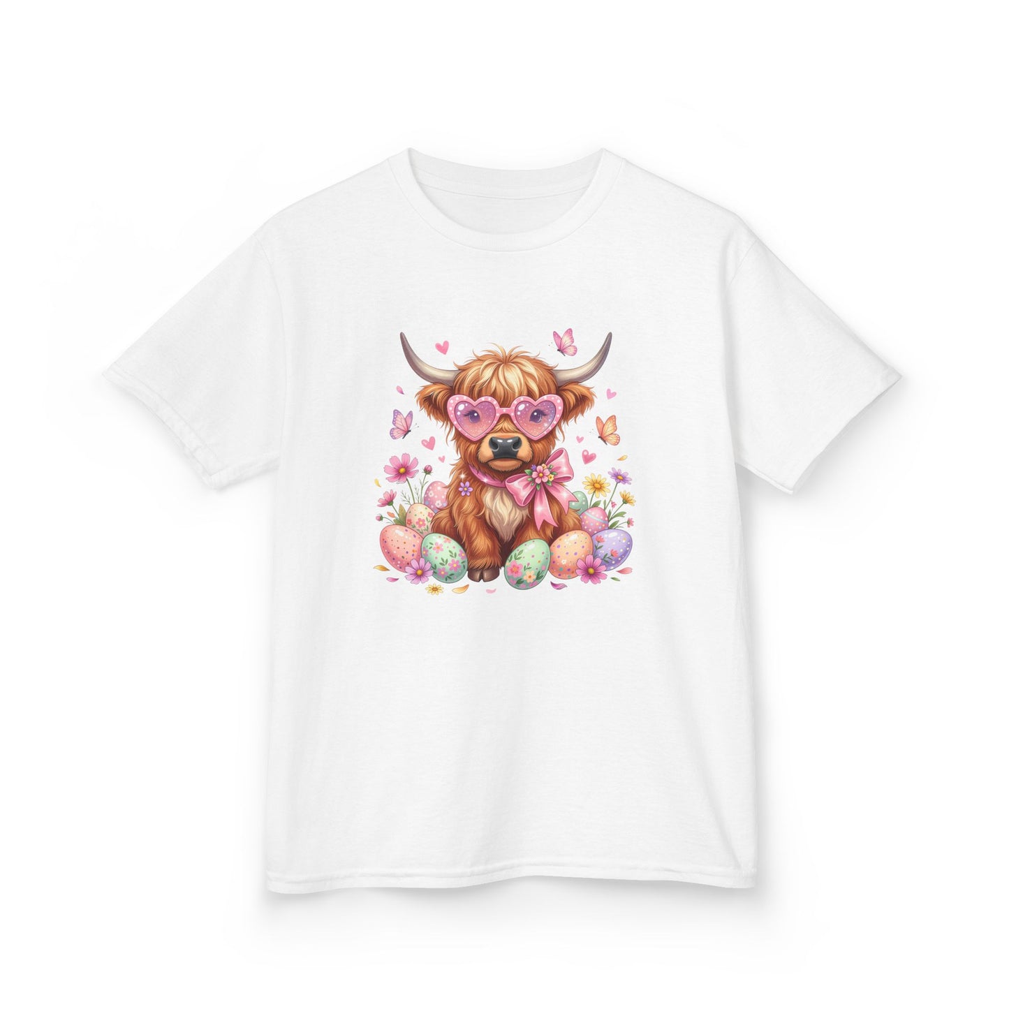 Kids Tee — Cute Highland Cow with Heart Glasses & Easter Eggs