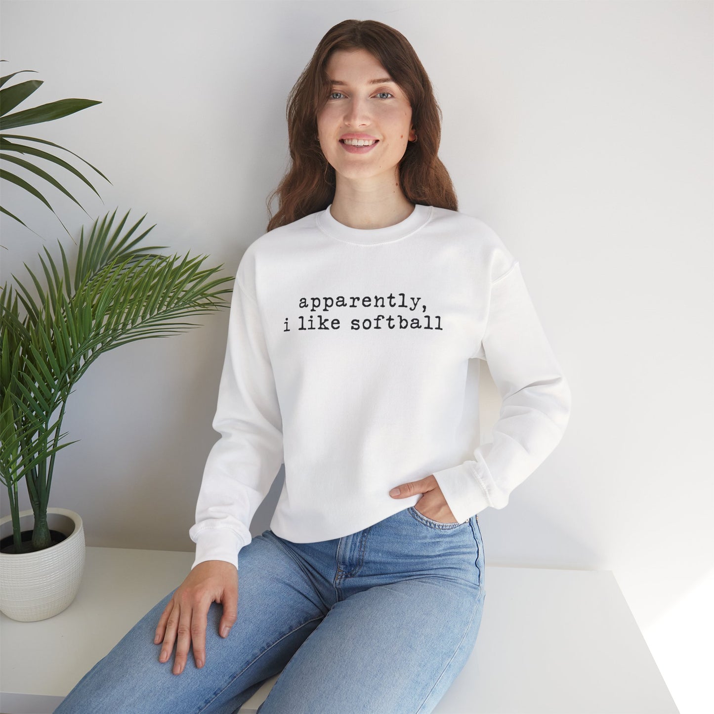 Softball Crewneck Sweatshirt — "apparently, i like softball" Minimalist Tee