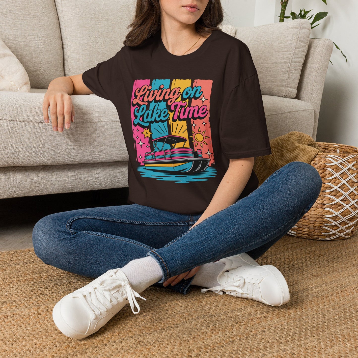 Lake Time T-Shirt — "Living on Lake Time" Retro Boat Graphic