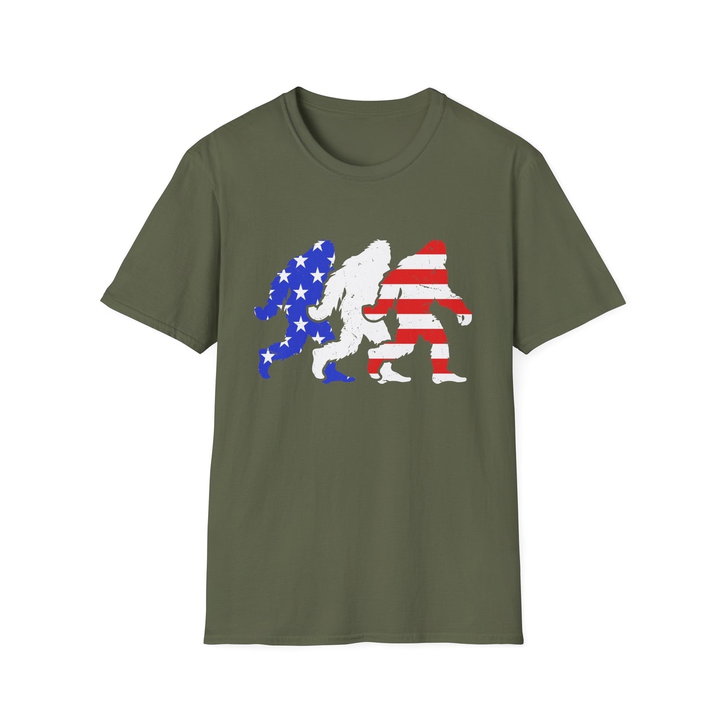 Patriotic Sasquatch Trio T-Shirt — American Flag Bigfoot Graphic Tee