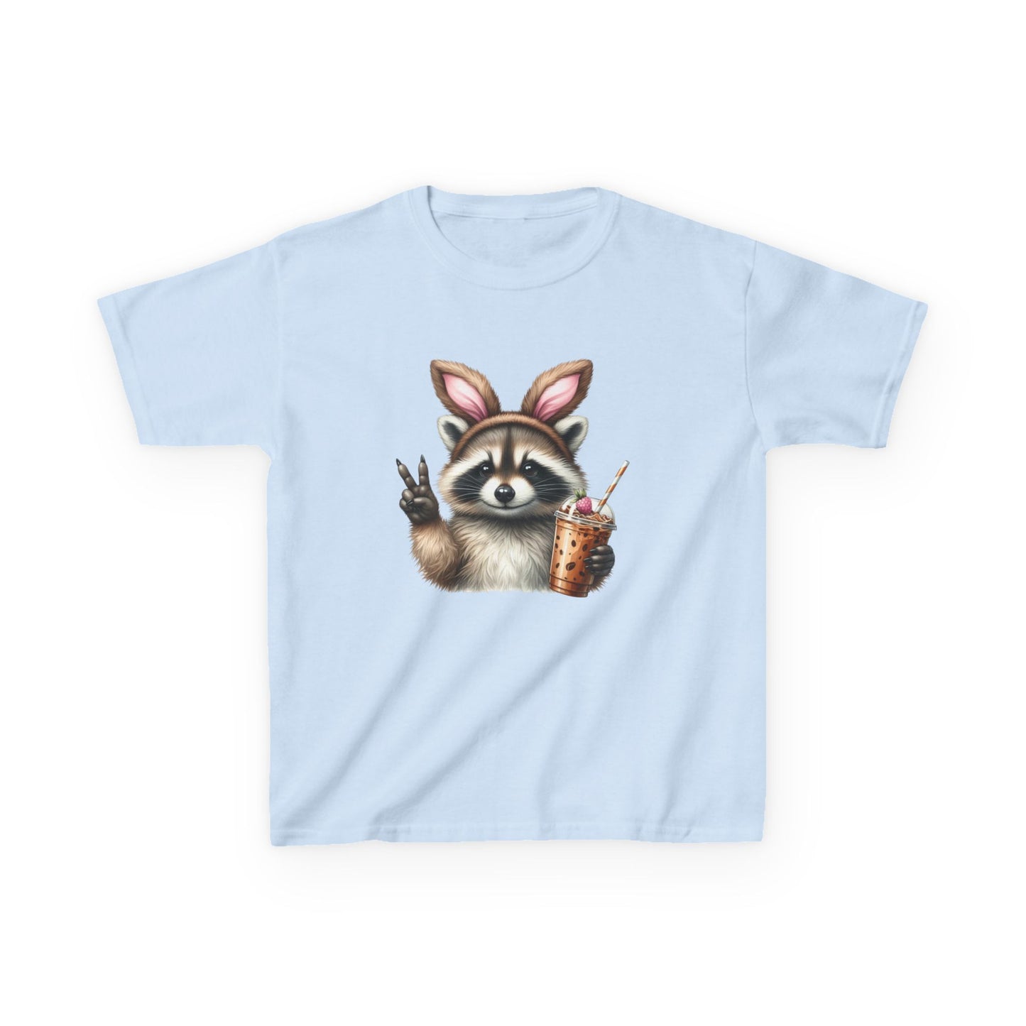 Kids Raccoon Bunny Ears Tee — Cute Peace Sign with Bubble Tea Graphic