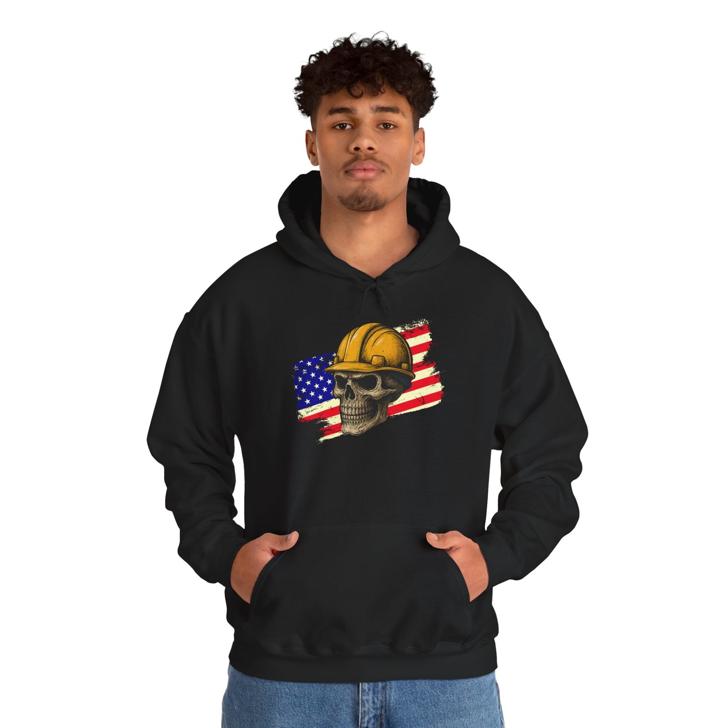 American Construction Skull Hoodie — Worker Hard Hat Flag Design