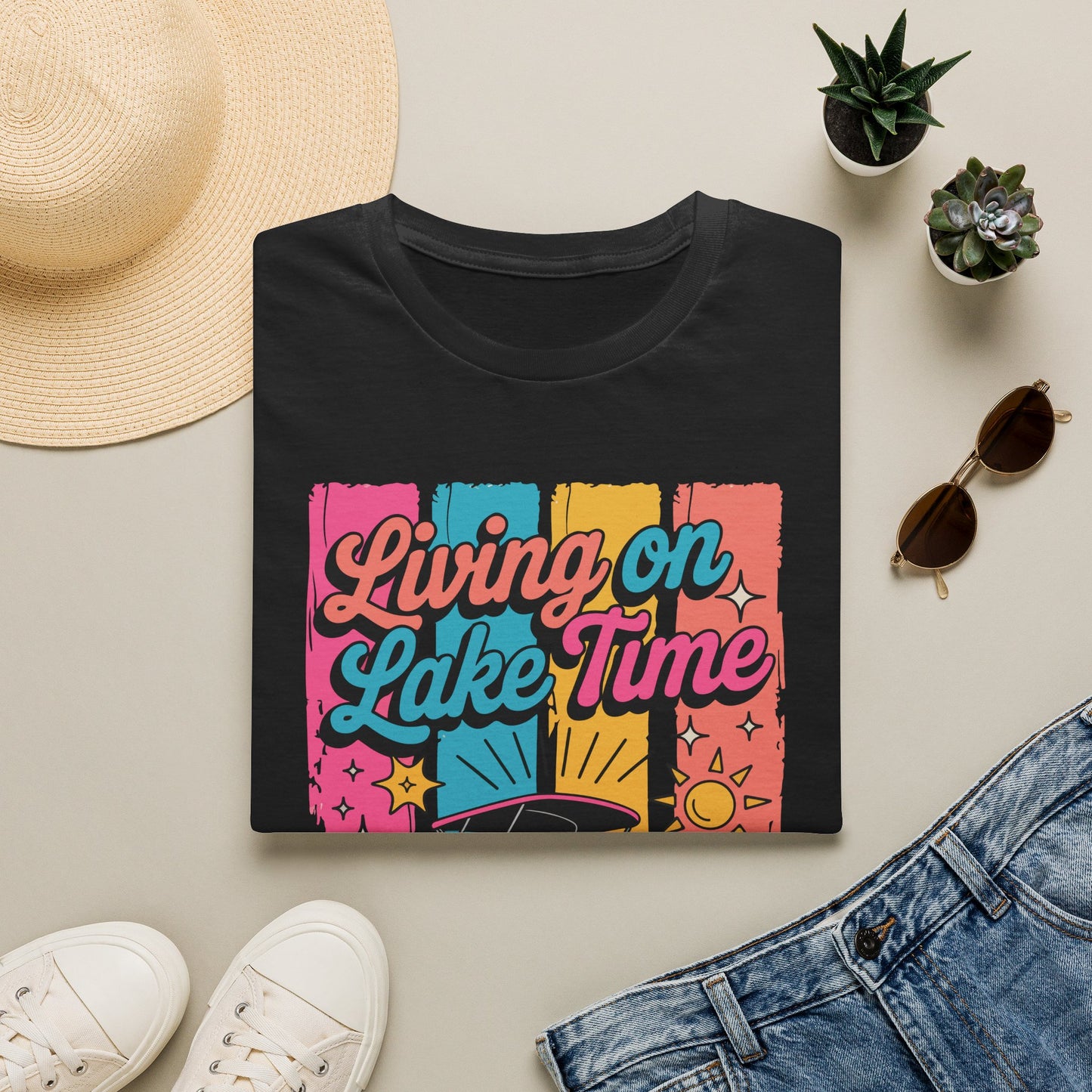 Lake Time T-Shirt — "Living on Lake Time" Retro Boat Graphic
