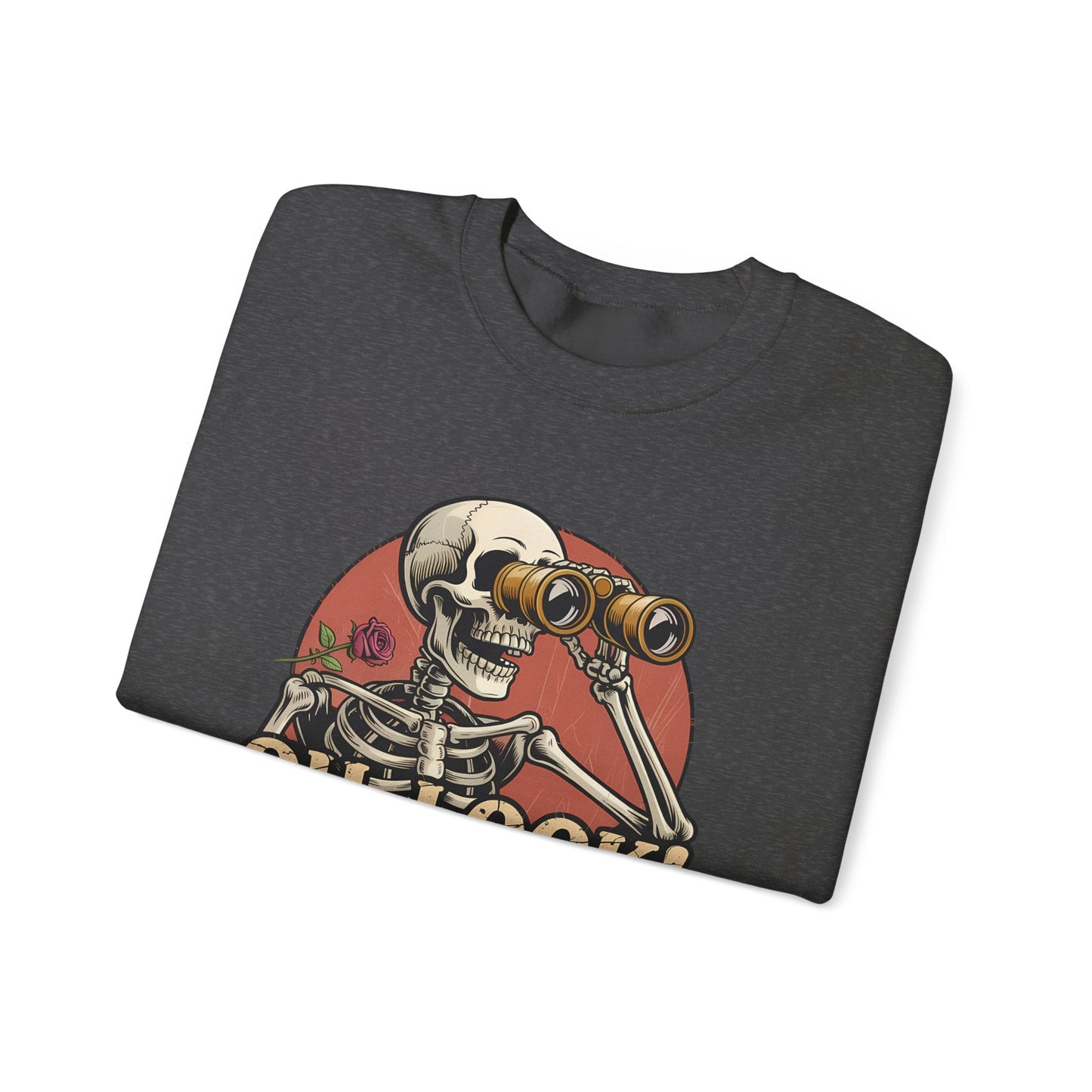 Crewneck Sweatshirt – 'Oh, Look! Nobody Gives a Shit.' Vintage Skeleton Graphic
