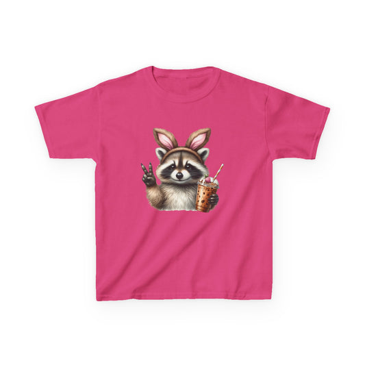 Kids Raccoon Bunny Ears Tee — Cute Peace Sign with Bubble Tea Graphic