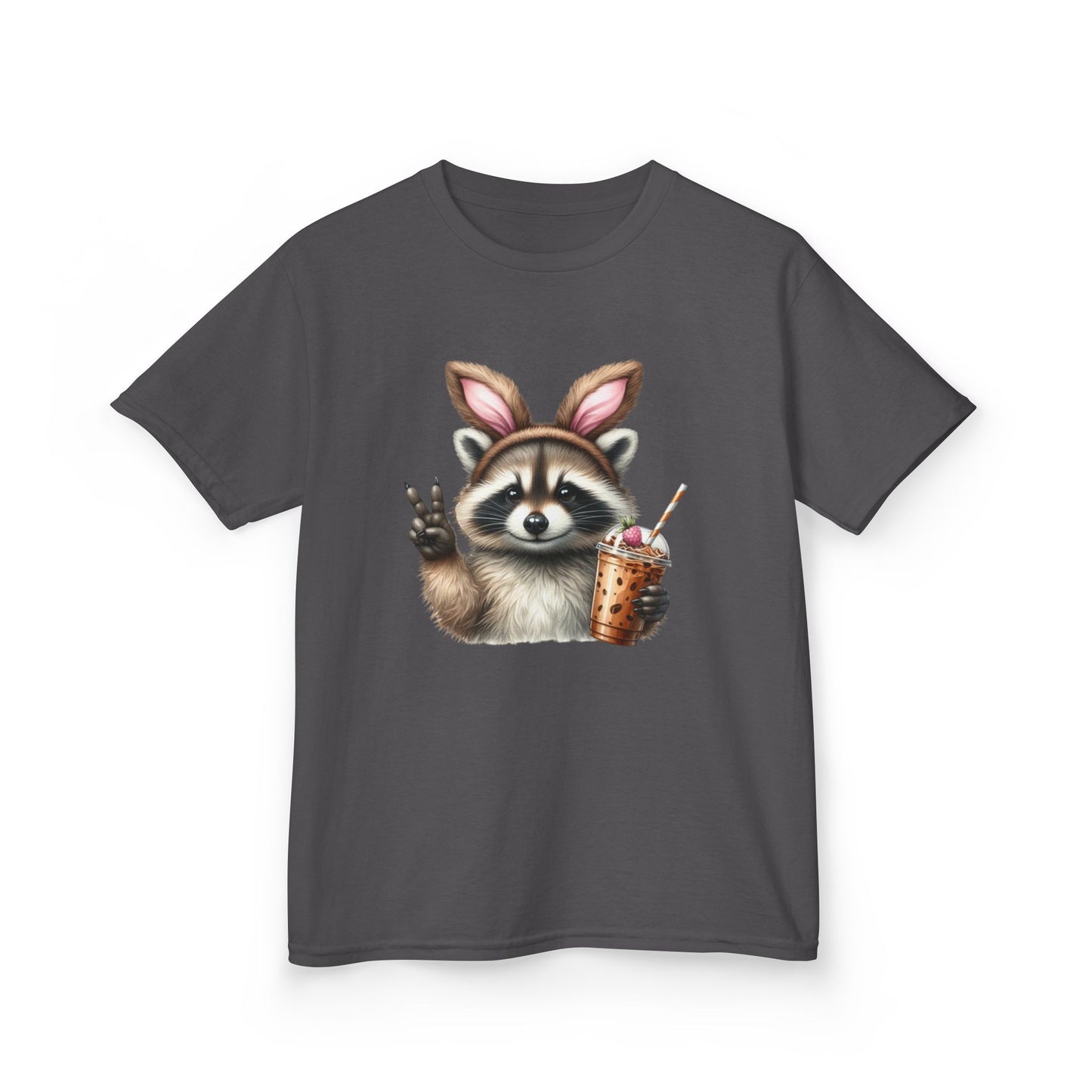 Kids Raccoon Bunny Ears Tee — Cute Peace Sign with Bubble Tea Graphic