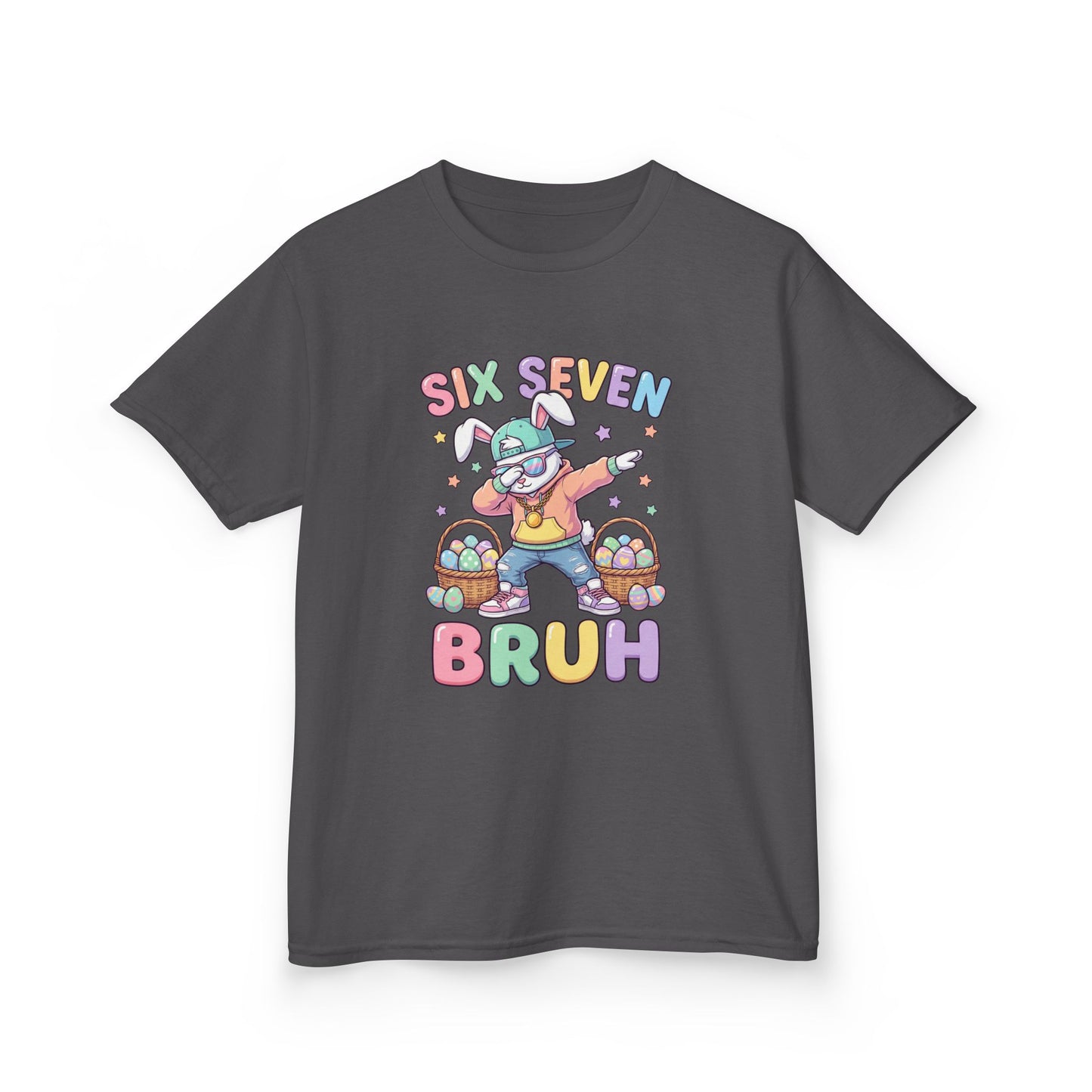 Kids "Six Seven Bruh" Graphic Tee — Cute Rainbow Skateboard Dino Shirt