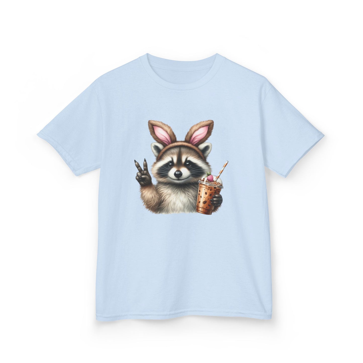 Kids Raccoon Bunny Ears Tee — Cute Peace Sign with Bubble Tea Graphic