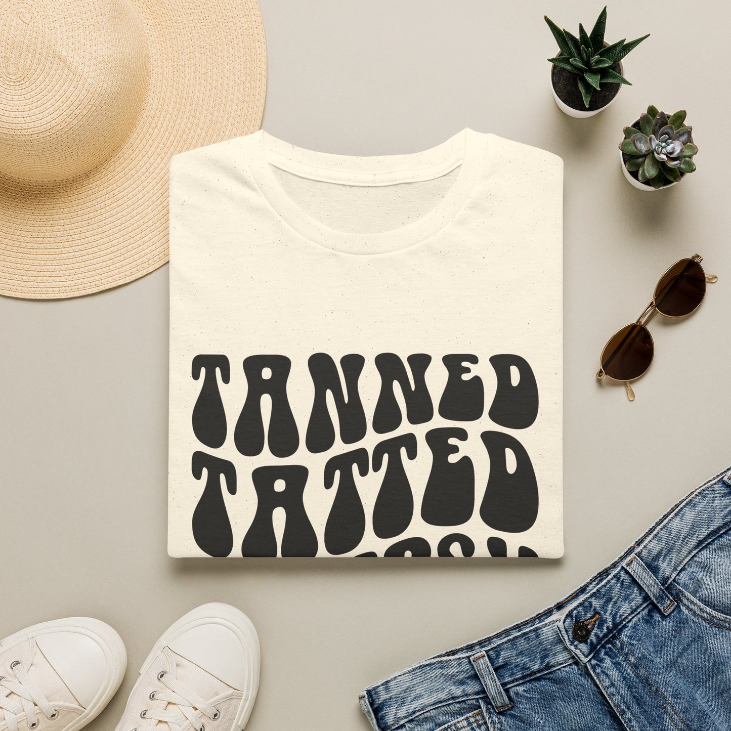 Tatted & Tipsy T‑Shirt — Retro 'Tanned Tatted & Tipsy' Graphic Tee
