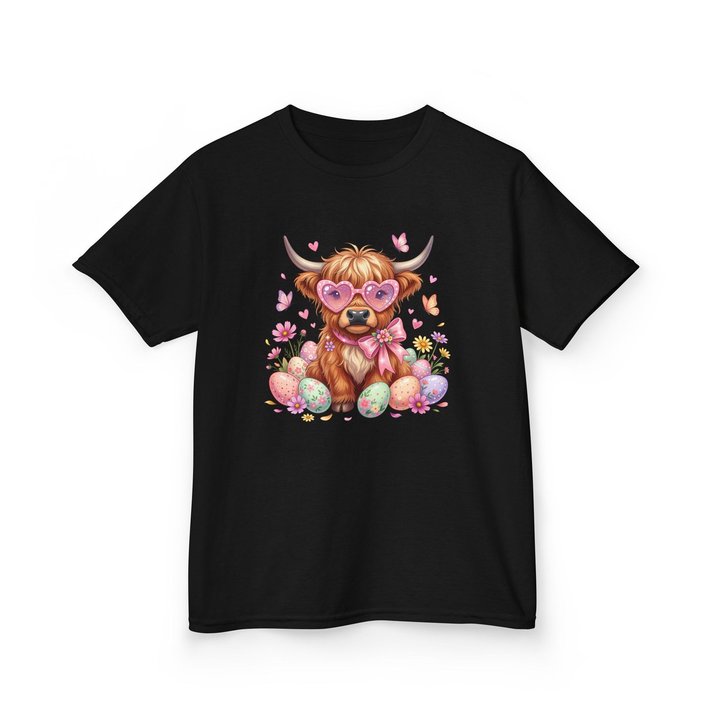 Kids Tee — Cute Highland Cow with Heart Glasses & Easter Eggs
