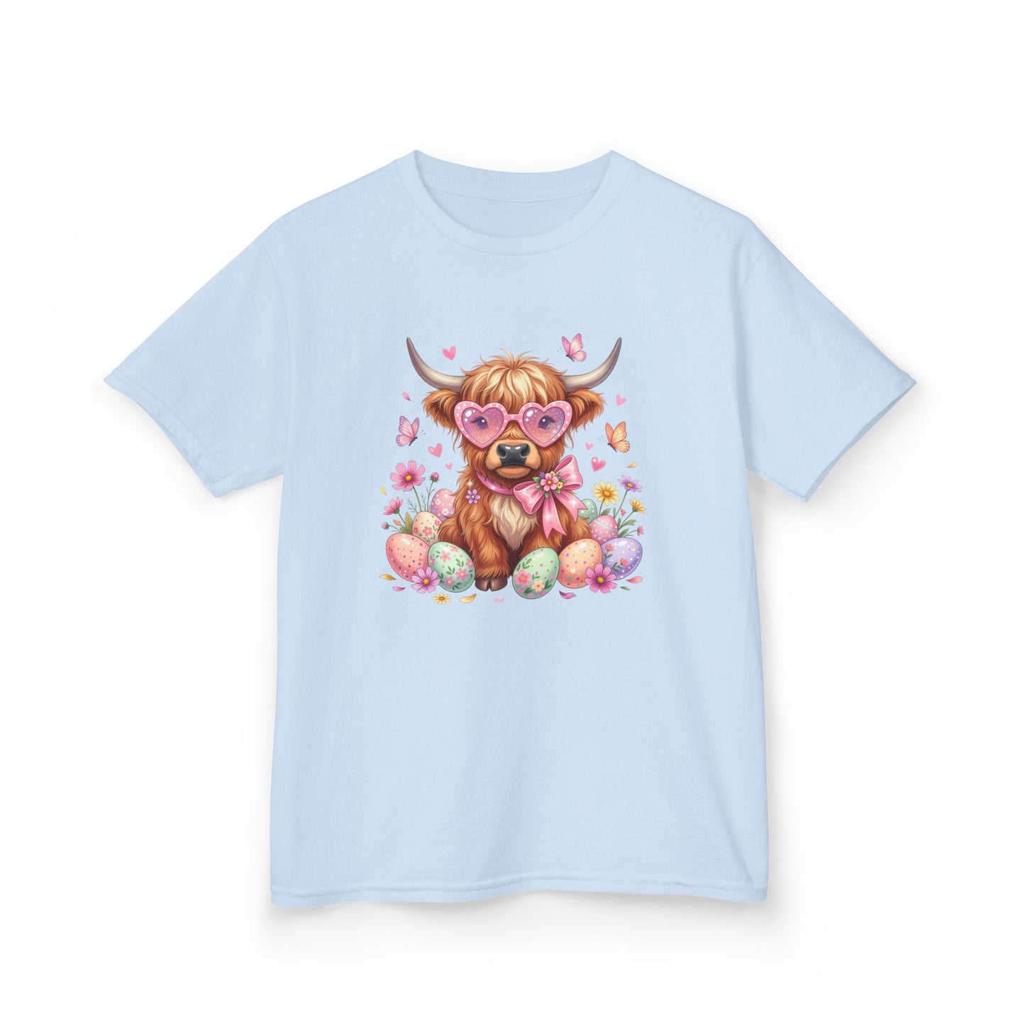 Kids Tee — Cute Highland Cow with Heart Glasses & Easter Eggs