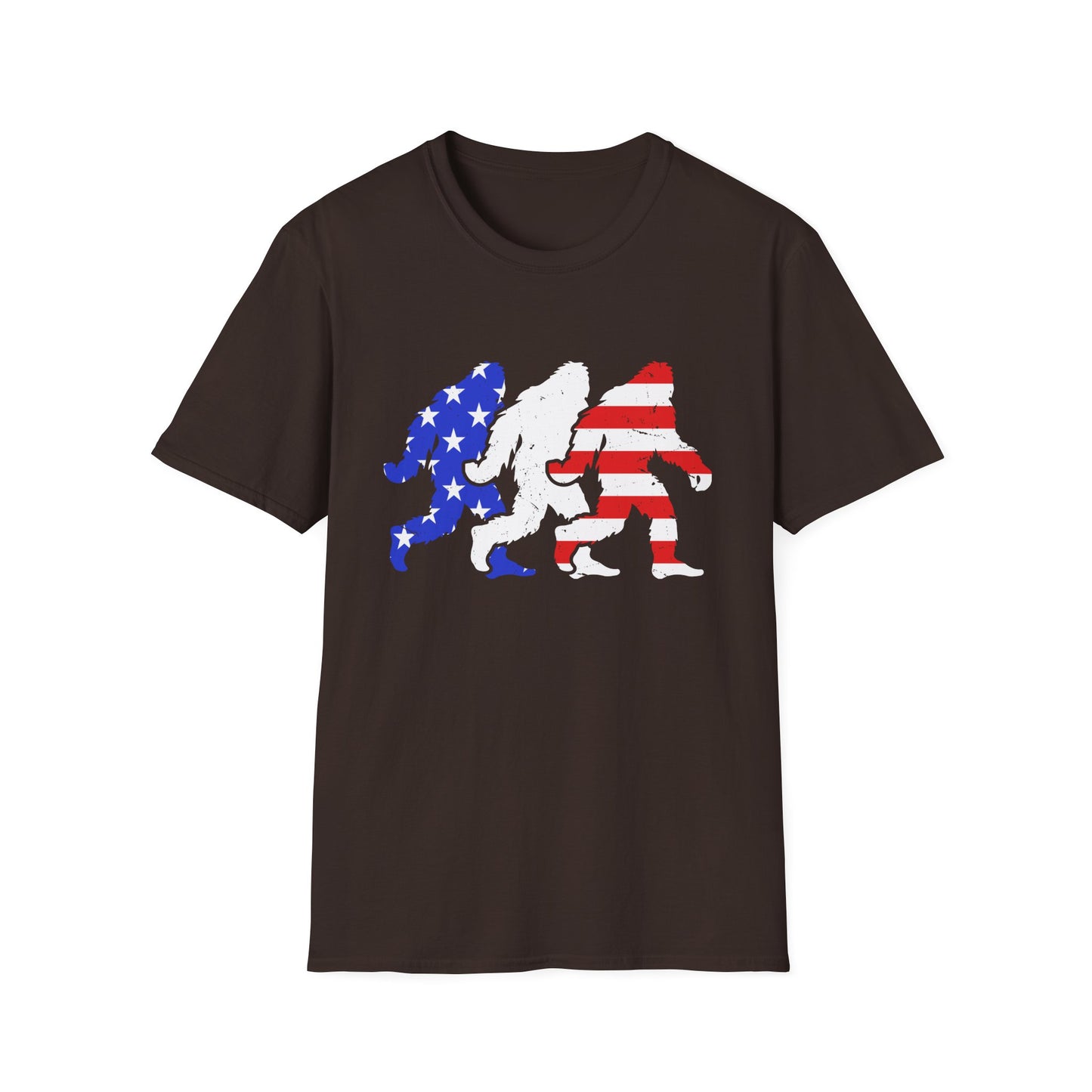 Patriotic Sasquatch Trio T-Shirt — American Flag Bigfoot Graphic Tee