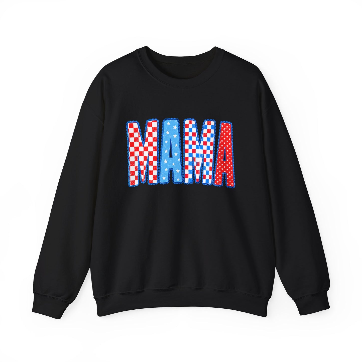 Mama Crewneck Sweatshirt — Red, White & Blue Patchwork Graphic