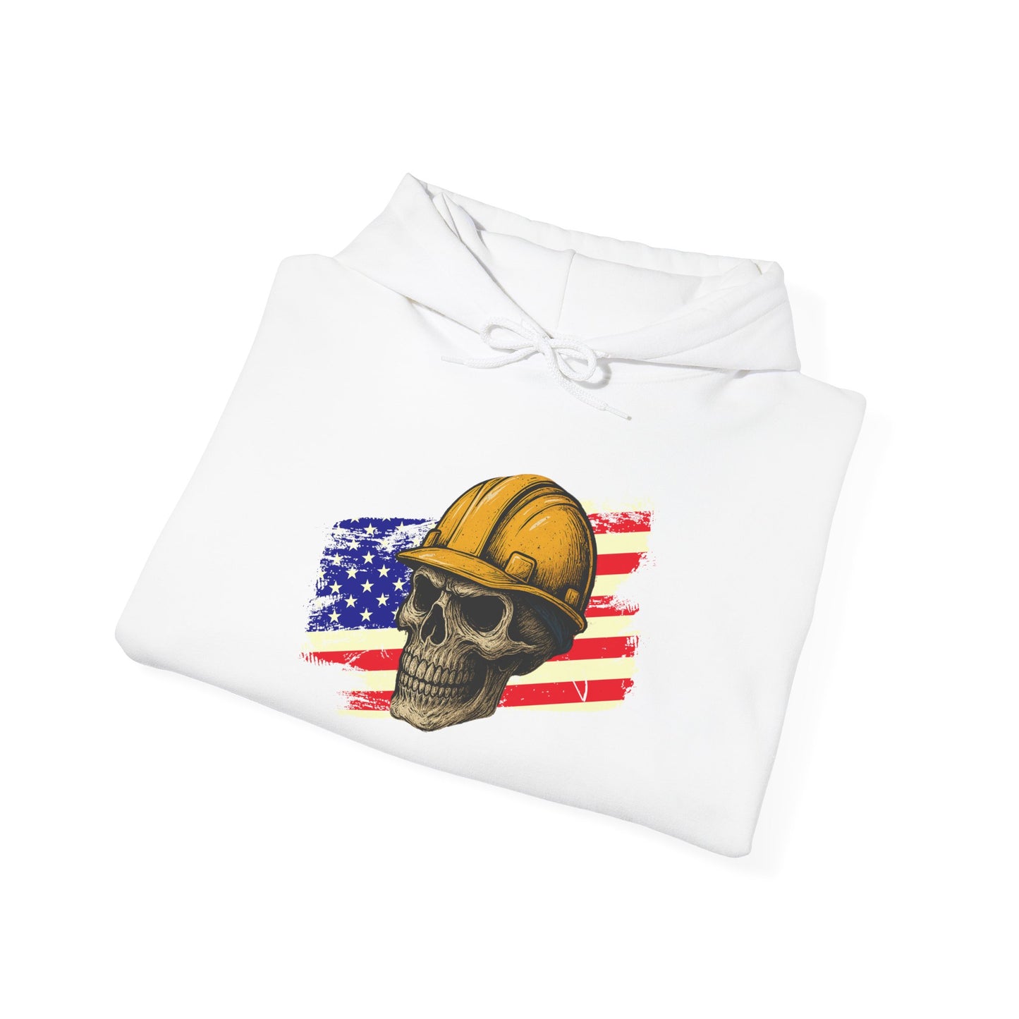 American Construction Skull Hoodie — Worker Hard Hat Flag Design