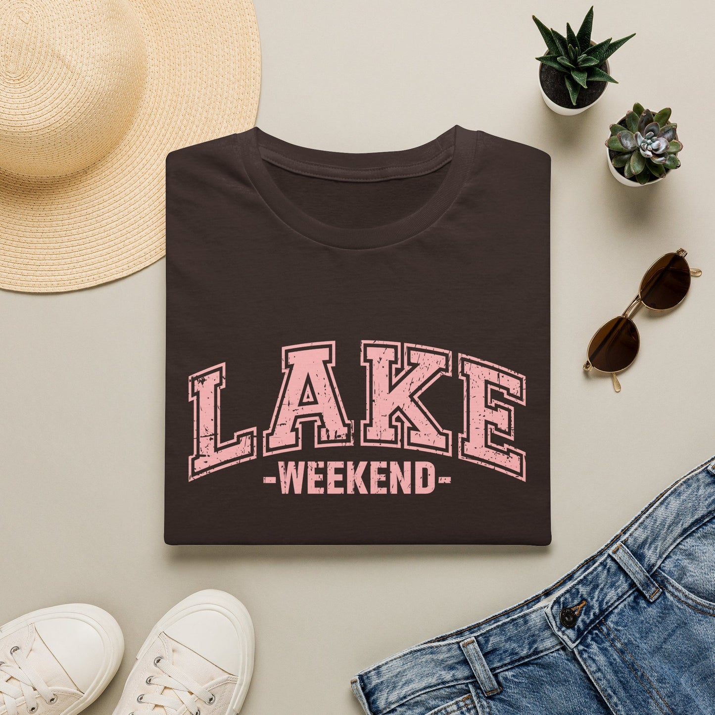 Lake Weekend T-Shirt — Retro Pink Graphic Tee for Relaxed Getaways