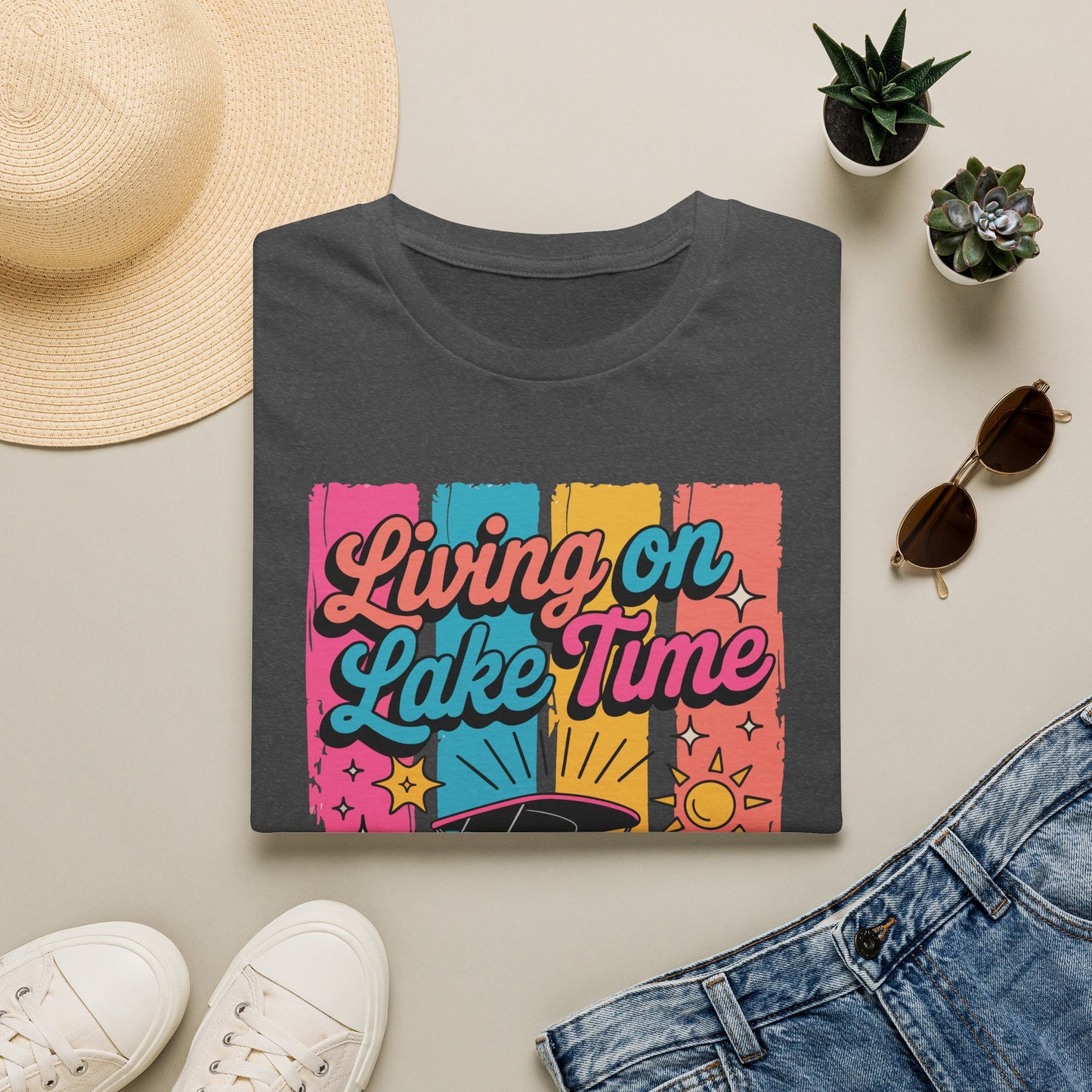 Lake Time T-Shirt — "Living on Lake Time" Retro Boat Graphic