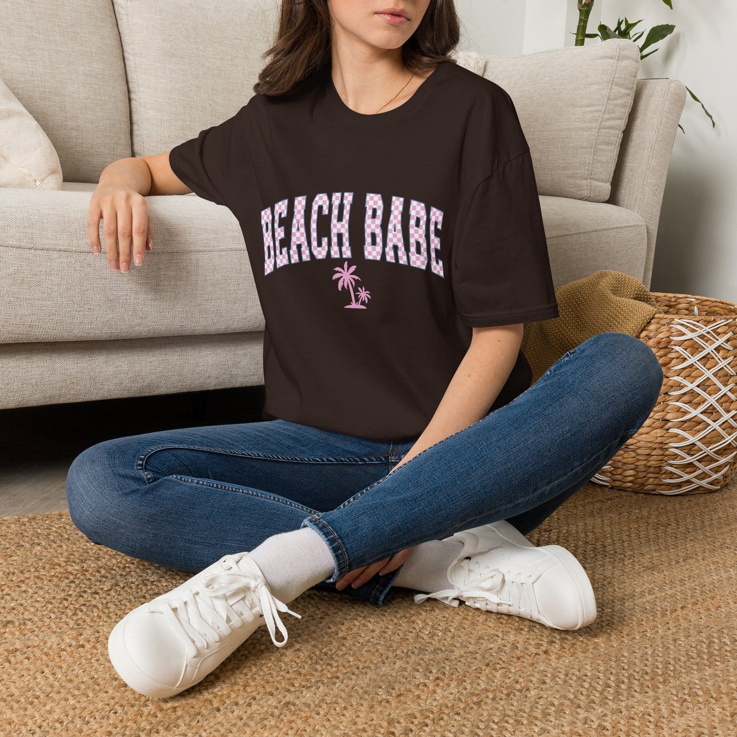 Beach Babe T-Shirt — Pink Check Retro Palm Tee for Summer & Vacation