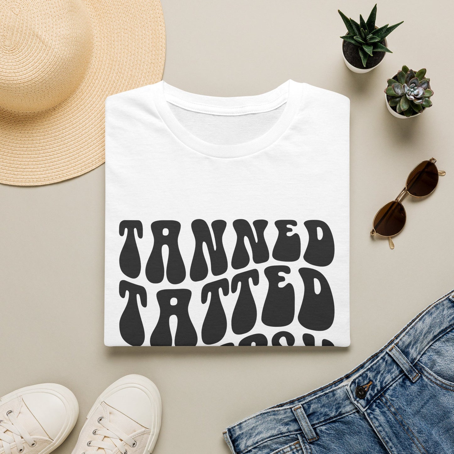 Tatted & Tipsy T‑Shirt — Retro 'Tanned Tatted & Tipsy' Graphic Tee