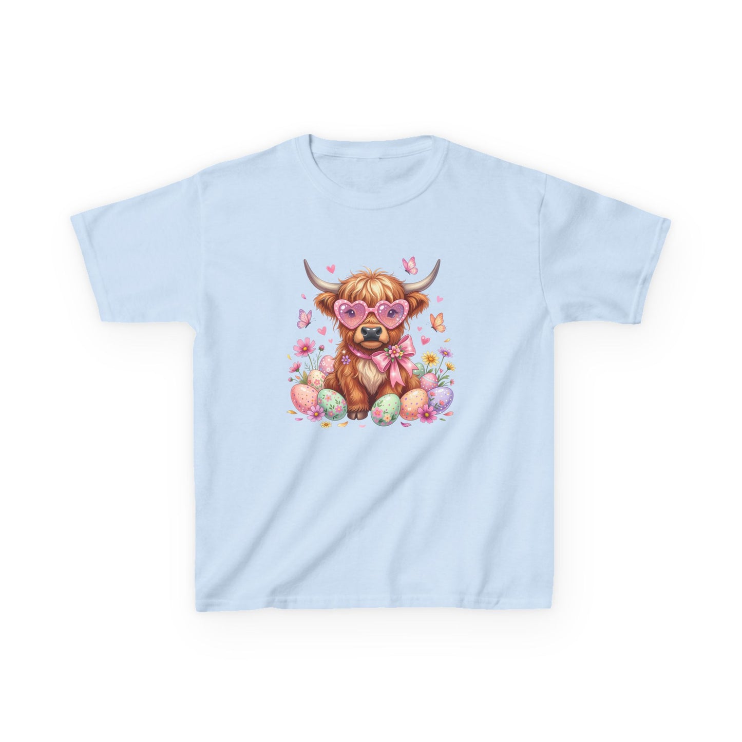 Kids Tee — Cute Highland Cow with Heart Glasses & Easter Eggs