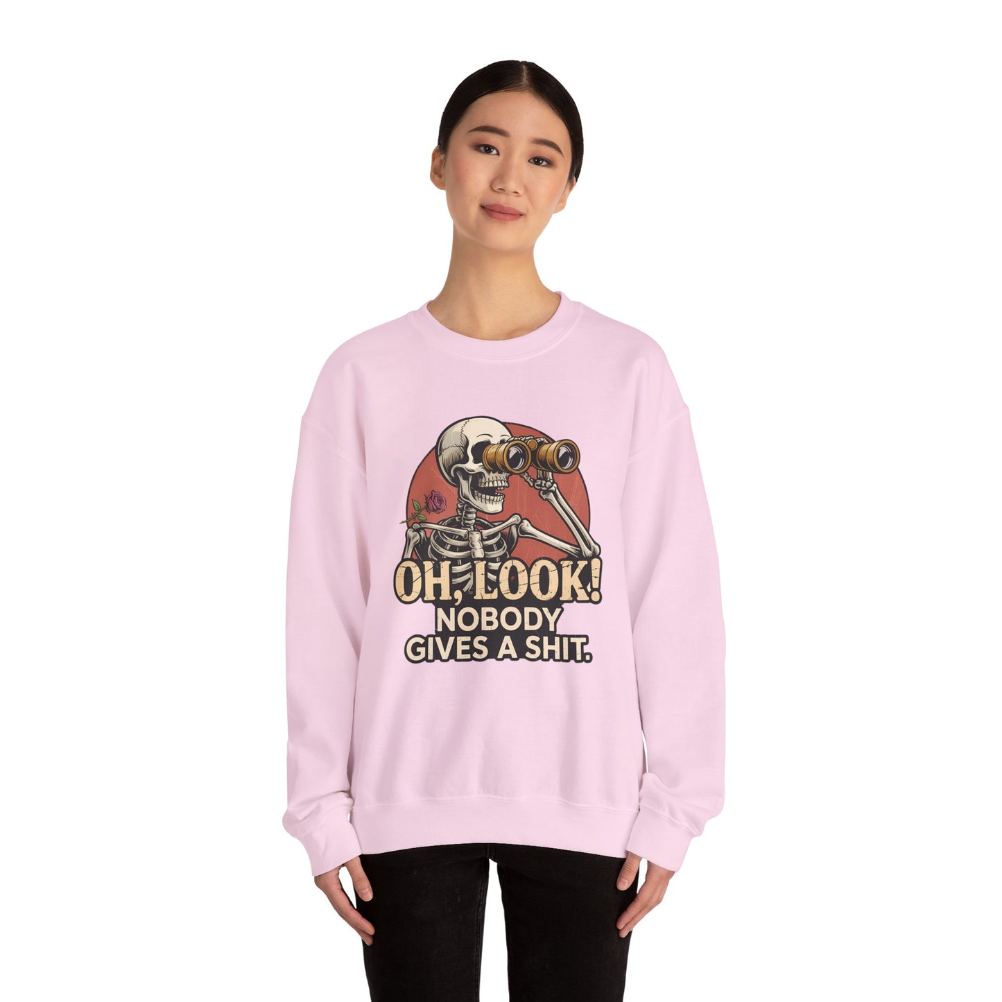 Crewneck Sweatshirt – 'Oh, Look! Nobody Gives a Shit.' Vintage Skeleton Graphic