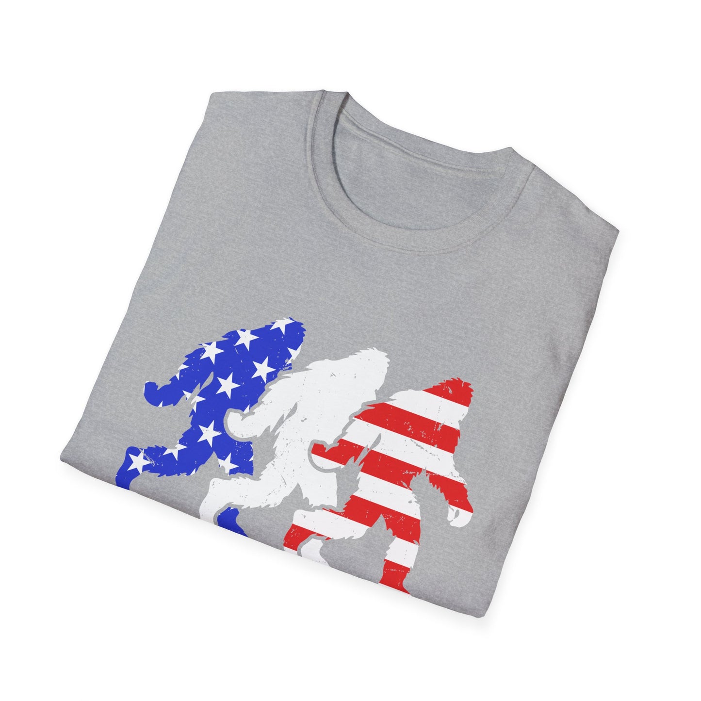 Patriotic Sasquatch Trio T-Shirt — American Flag Bigfoot Graphic Tee
