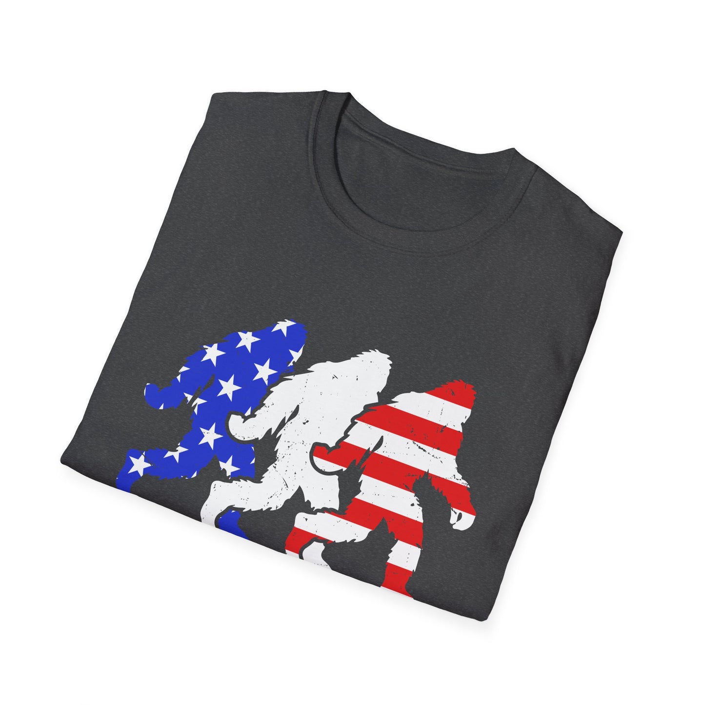 Patriotic Sasquatch Trio T-Shirt — American Flag Bigfoot Graphic Tee