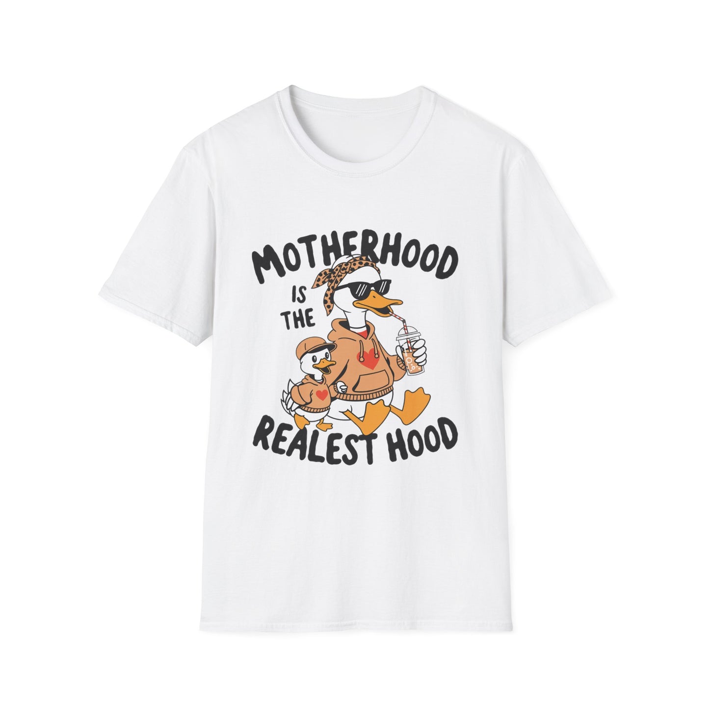 T-Shirt — "Motherhood Is The Realest Hood" Duck Mom Graphic Tee