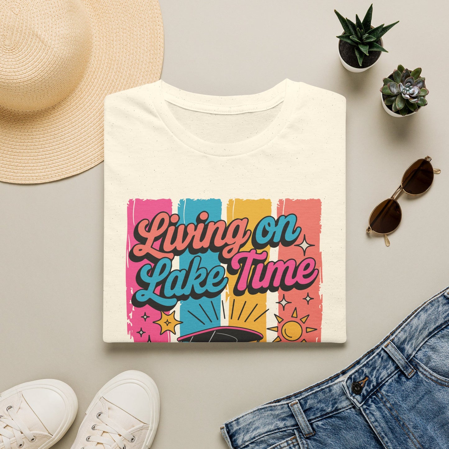 Lake Time T-Shirt — "Living on Lake Time" Retro Boat Graphic