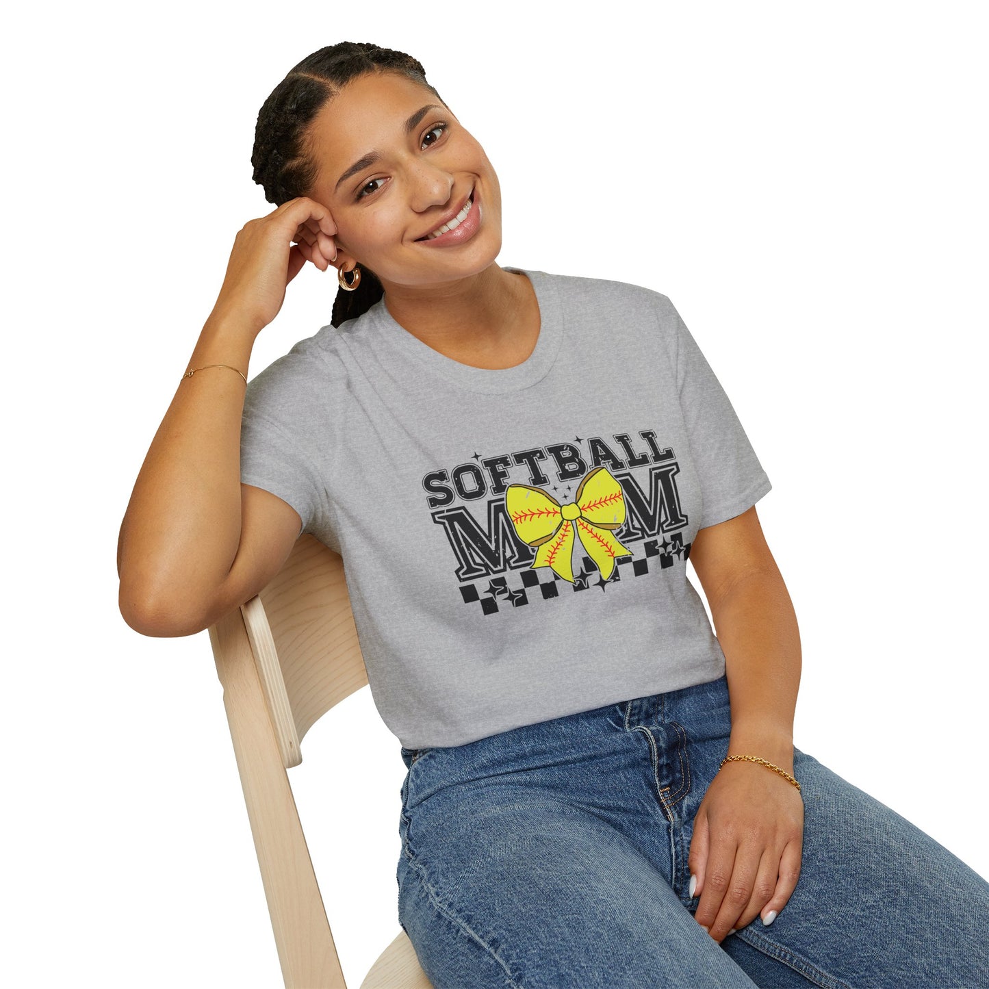 Softball Mom T-Shirt – Yellow Bow Checkerboard Design