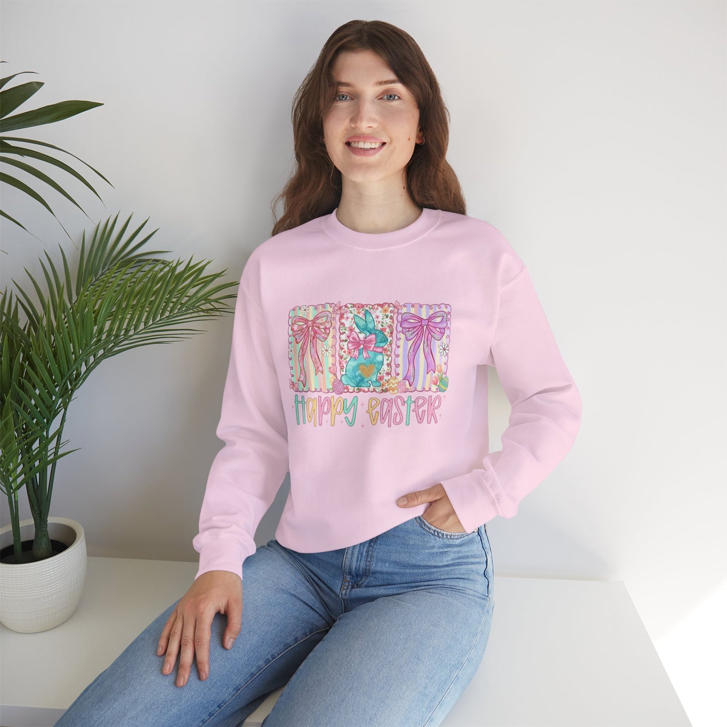 Easter Bunny Garden Sweatshirt — "Happy Easter" Pastel Holiday Crewneck