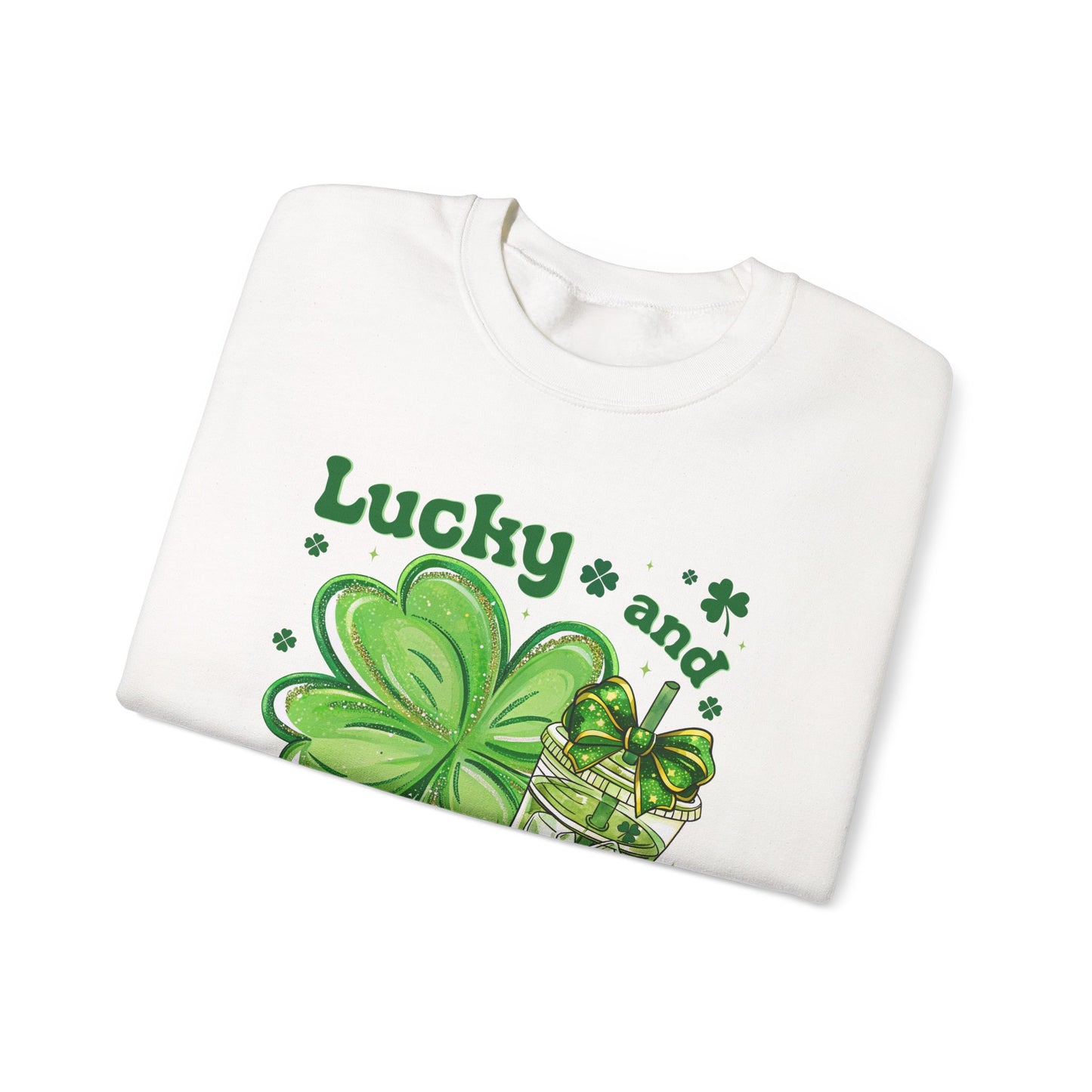 St. Patrick’s Sweatshirt - "Lucky and Caffeinated" Shamrock Coffee Crewneck