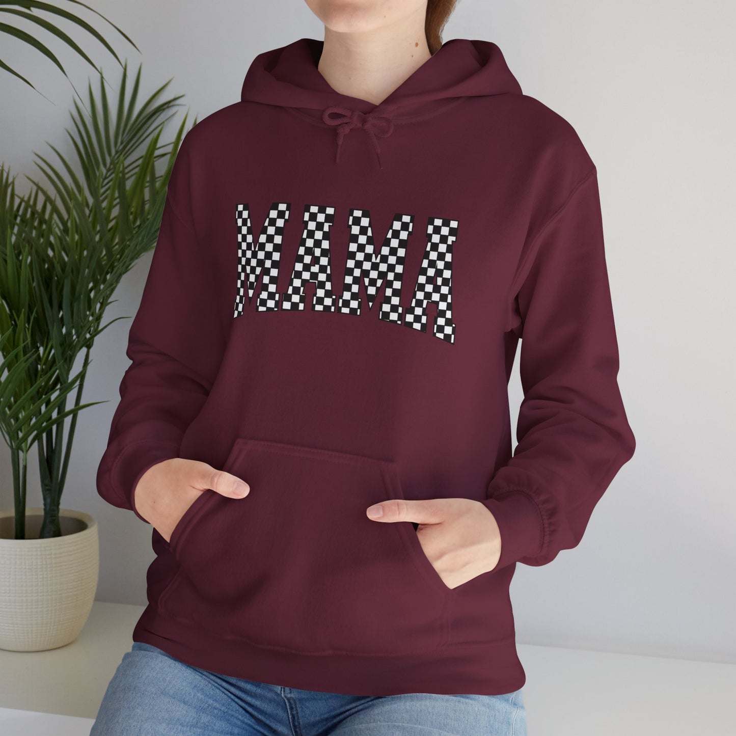 Mama Checkerboard Hoodie - Graphic 'MAMA' Pullover for Moms, Mother's Day Gift