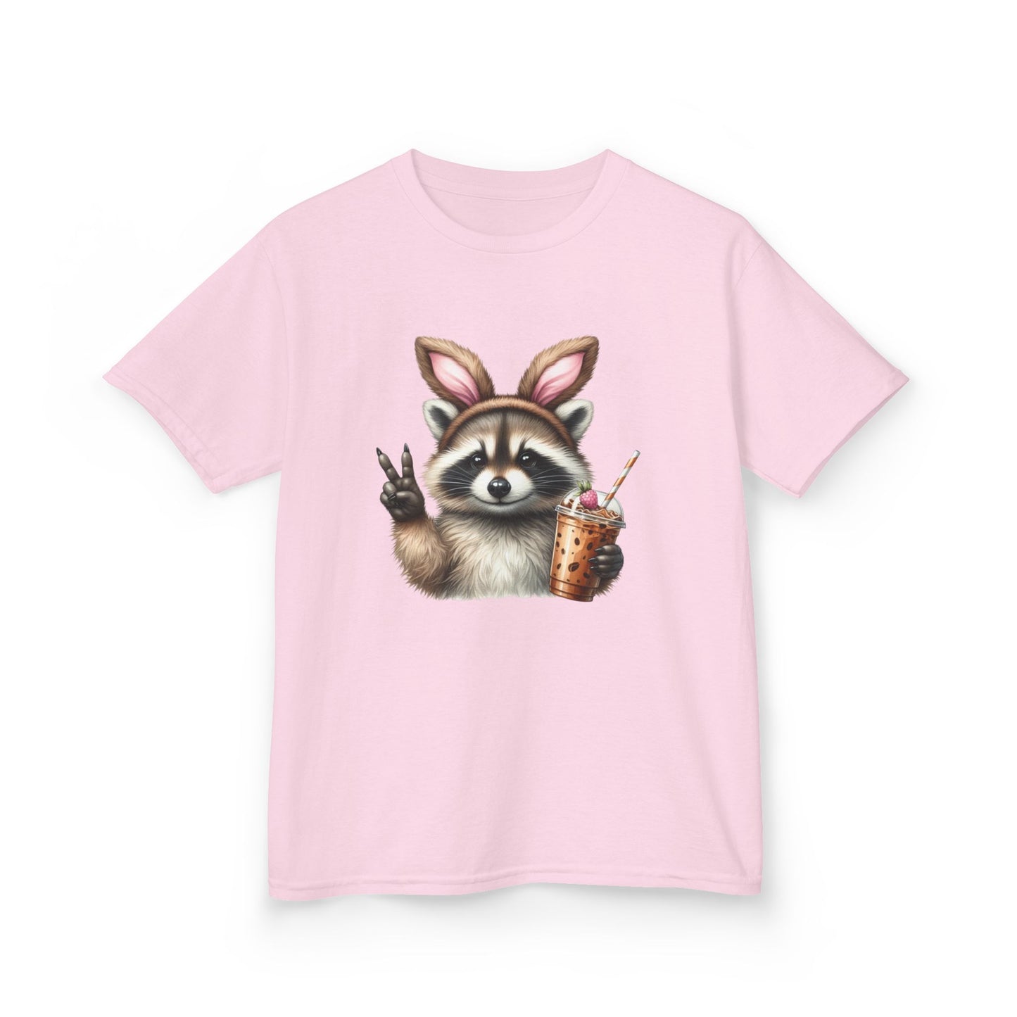 Kids Raccoon Bunny Ears Tee — Cute Peace Sign with Bubble Tea Graphic