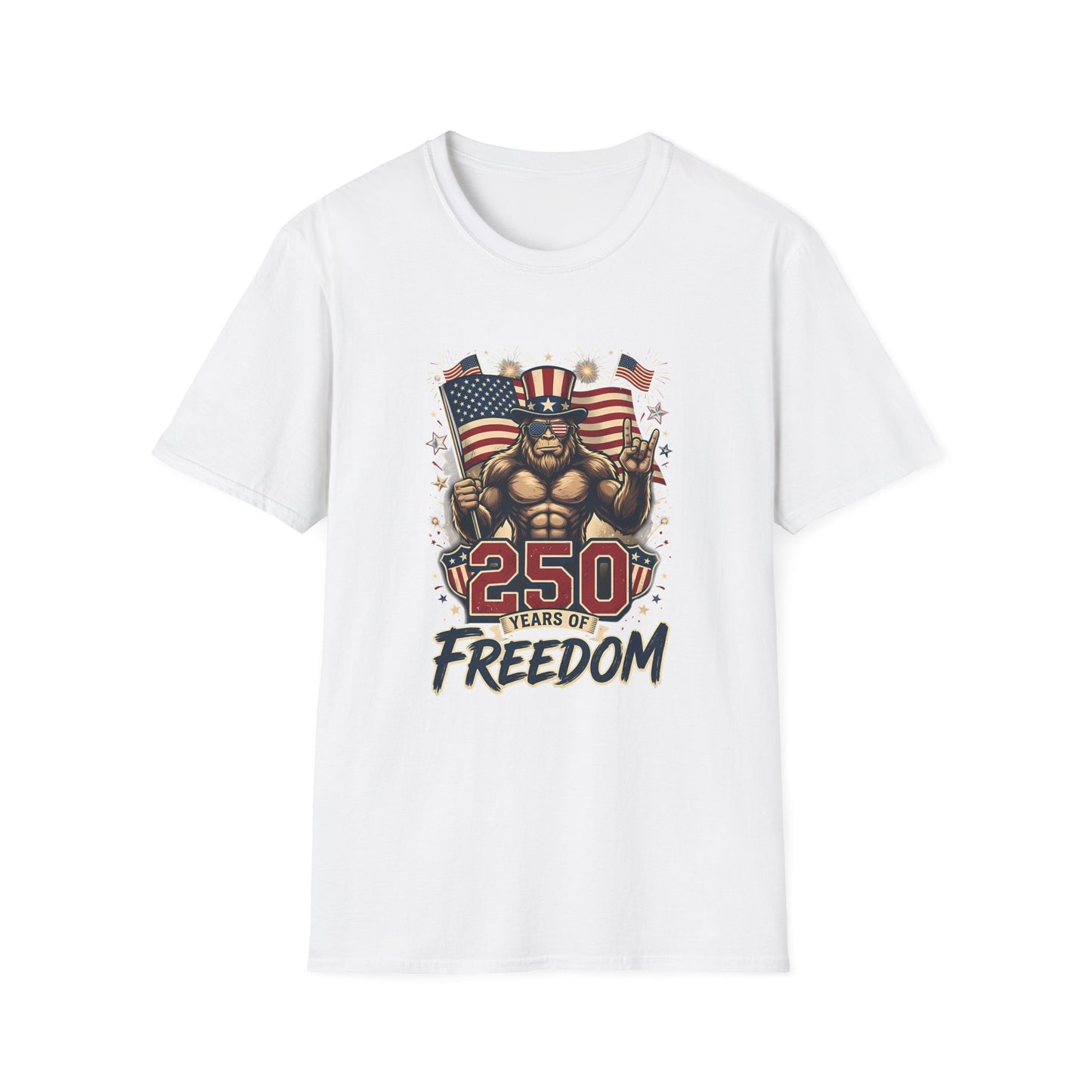 Patriotic '250 Years of Freedom' T-Shirt — Muscular Uncle Sam with American Flags