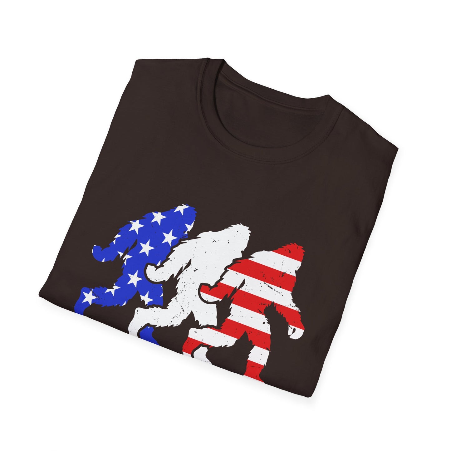 Patriotic Sasquatch Trio T-Shirt — American Flag Bigfoot Graphic Tee