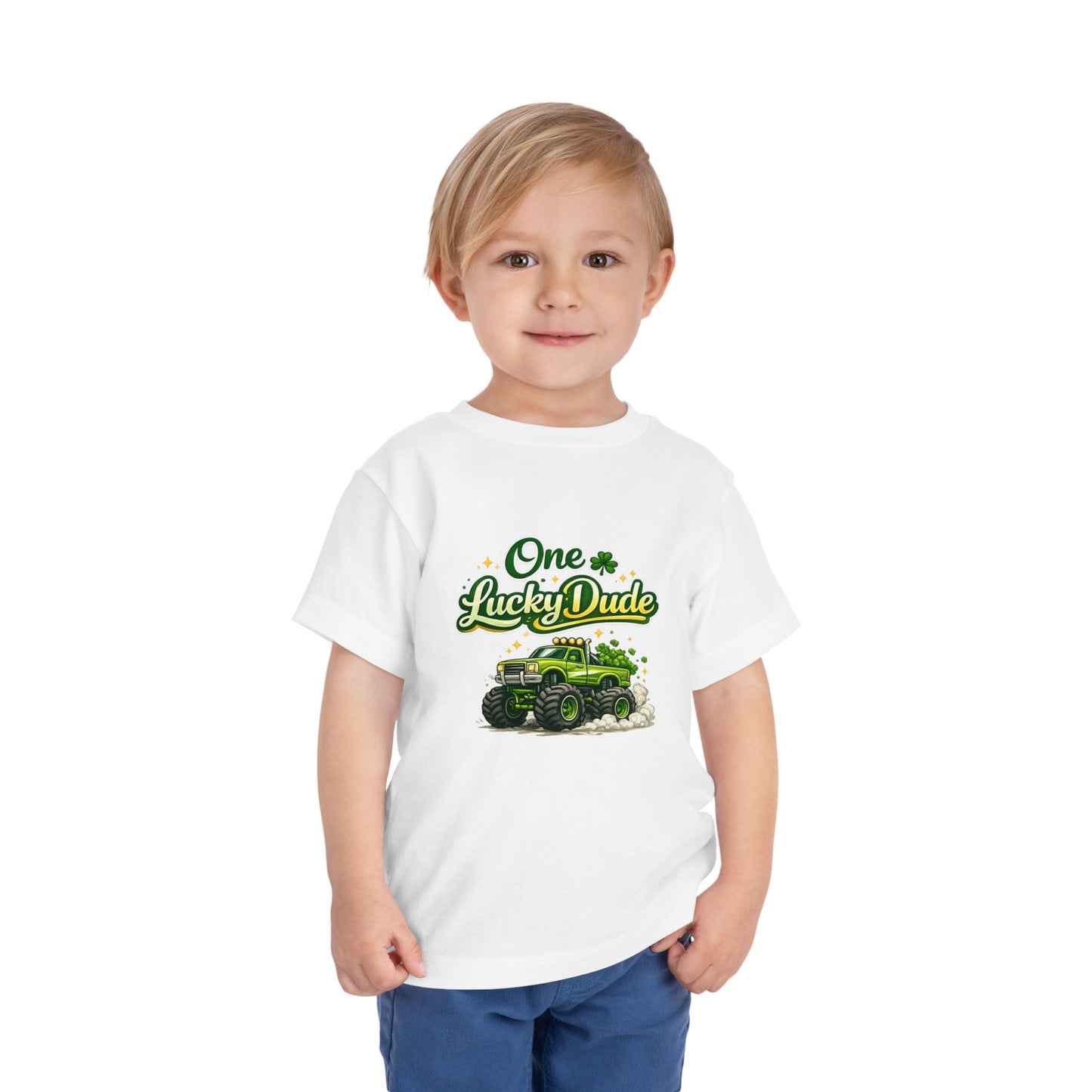Toddler Tee — "One Lucky Dude" Green Monster Truck St. Patrick's Day Shirt