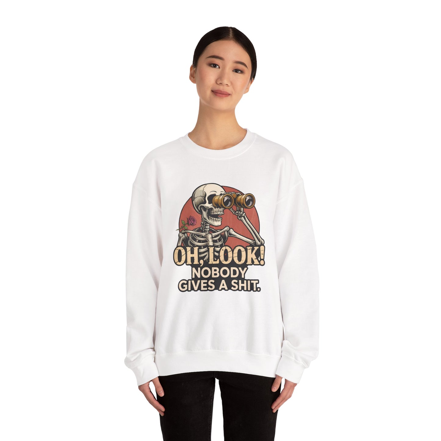 Crewneck Sweatshirt – 'Oh, Look! Nobody Gives a Shit.' Vintage Skeleton Graphic