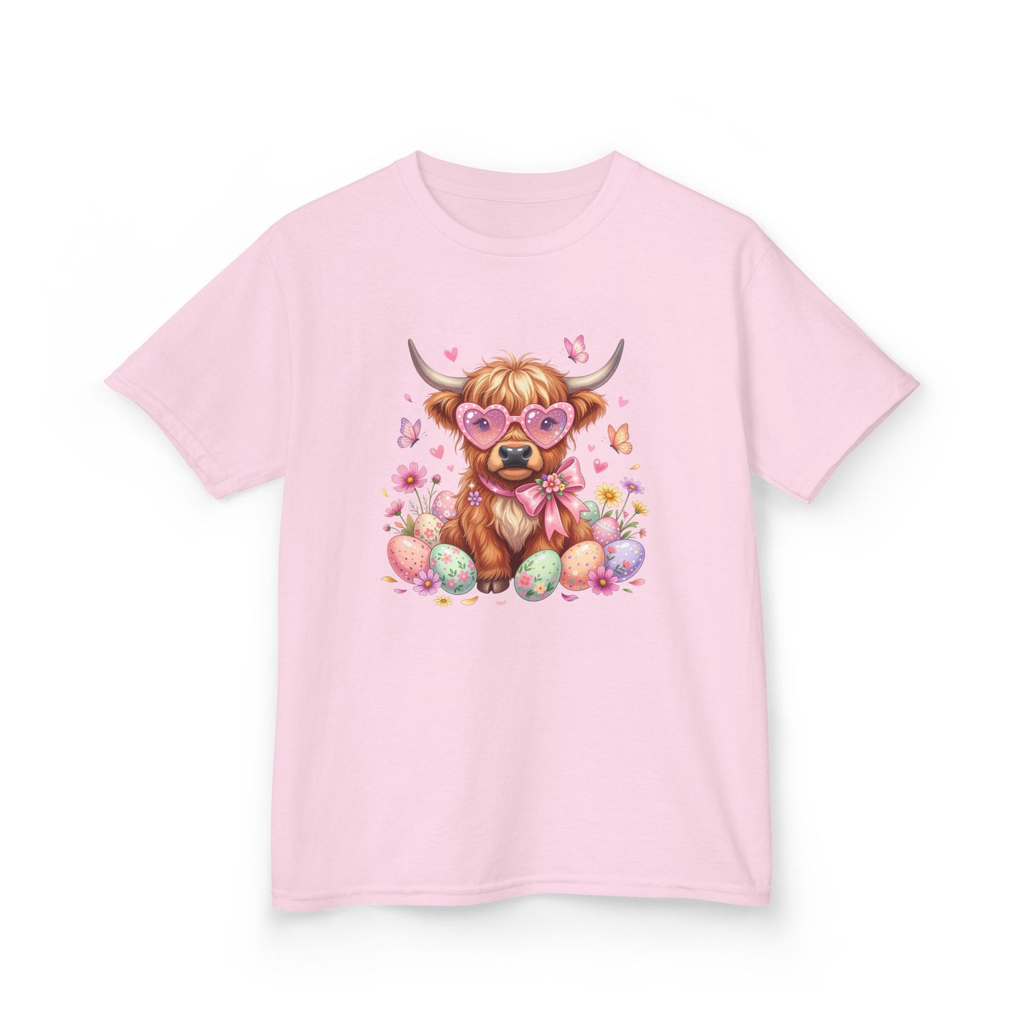 Kids Tee — Cute Highland Cow with Heart Glasses & Easter Eggs