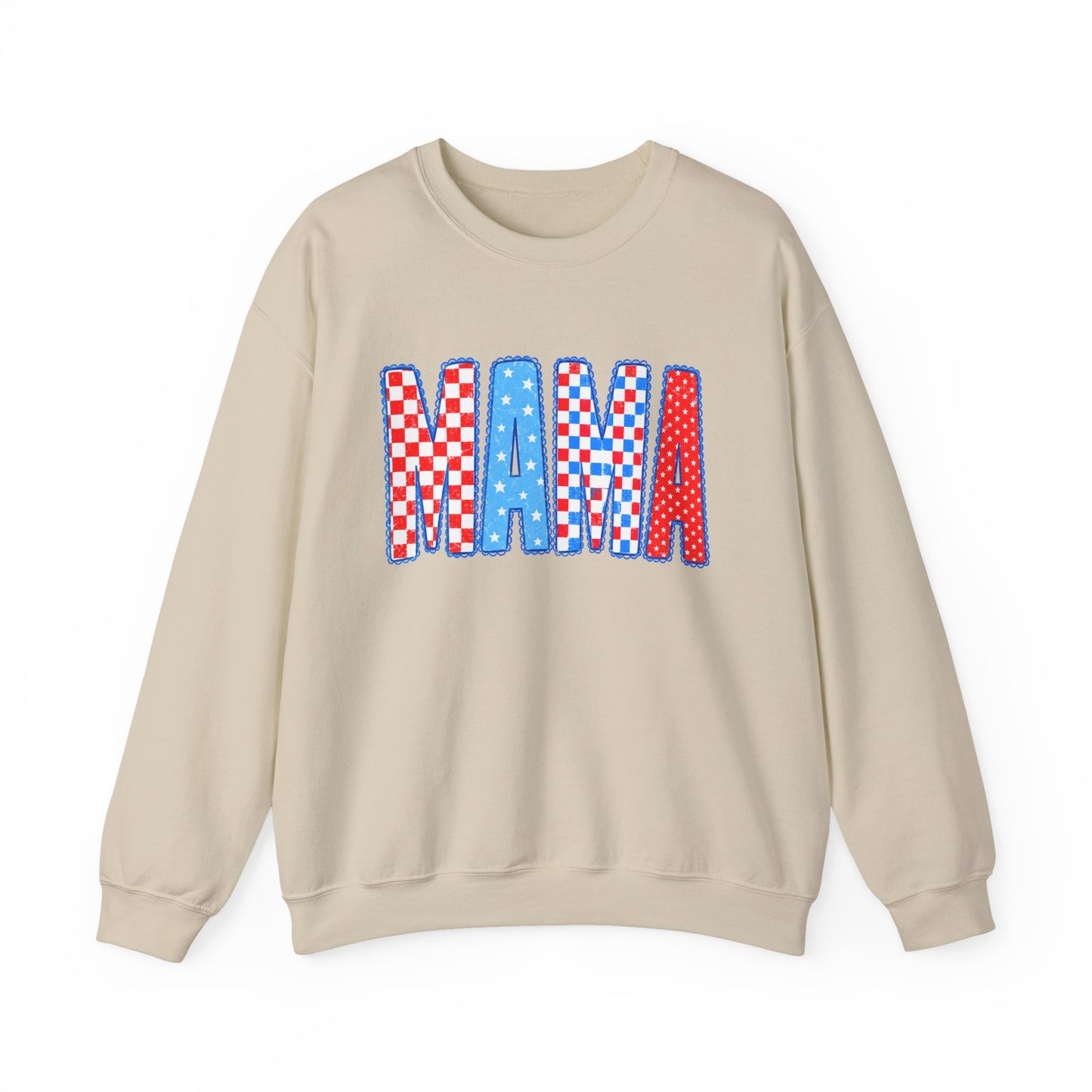 Mama Crewneck Sweatshirt — Red, White & Blue Patchwork Graphic