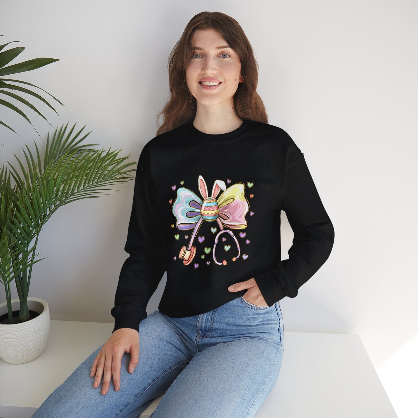 Easter Pastel Bow Crewneck Sweatshirt — Cute Bunny Egg Ribbon Design