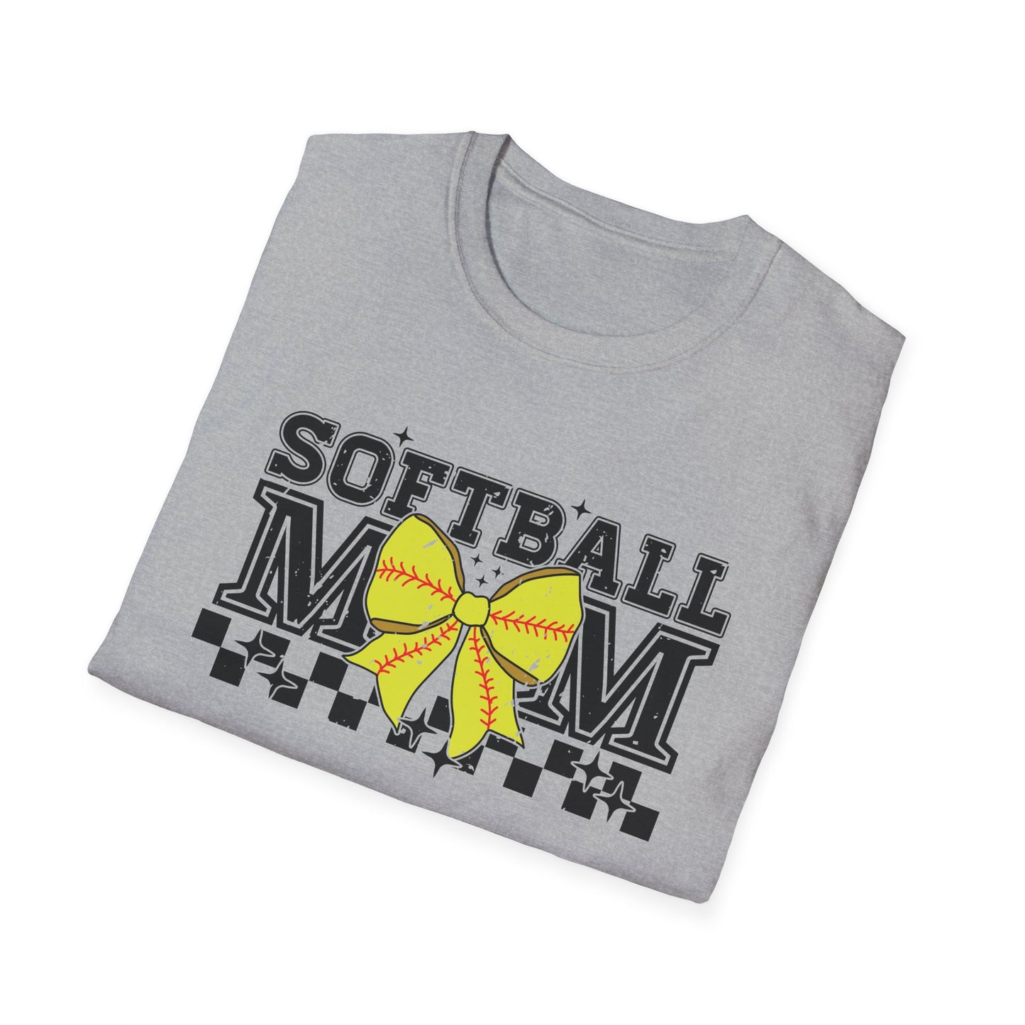 Softball Mom T-Shirt – Yellow Bow Checkerboard Design