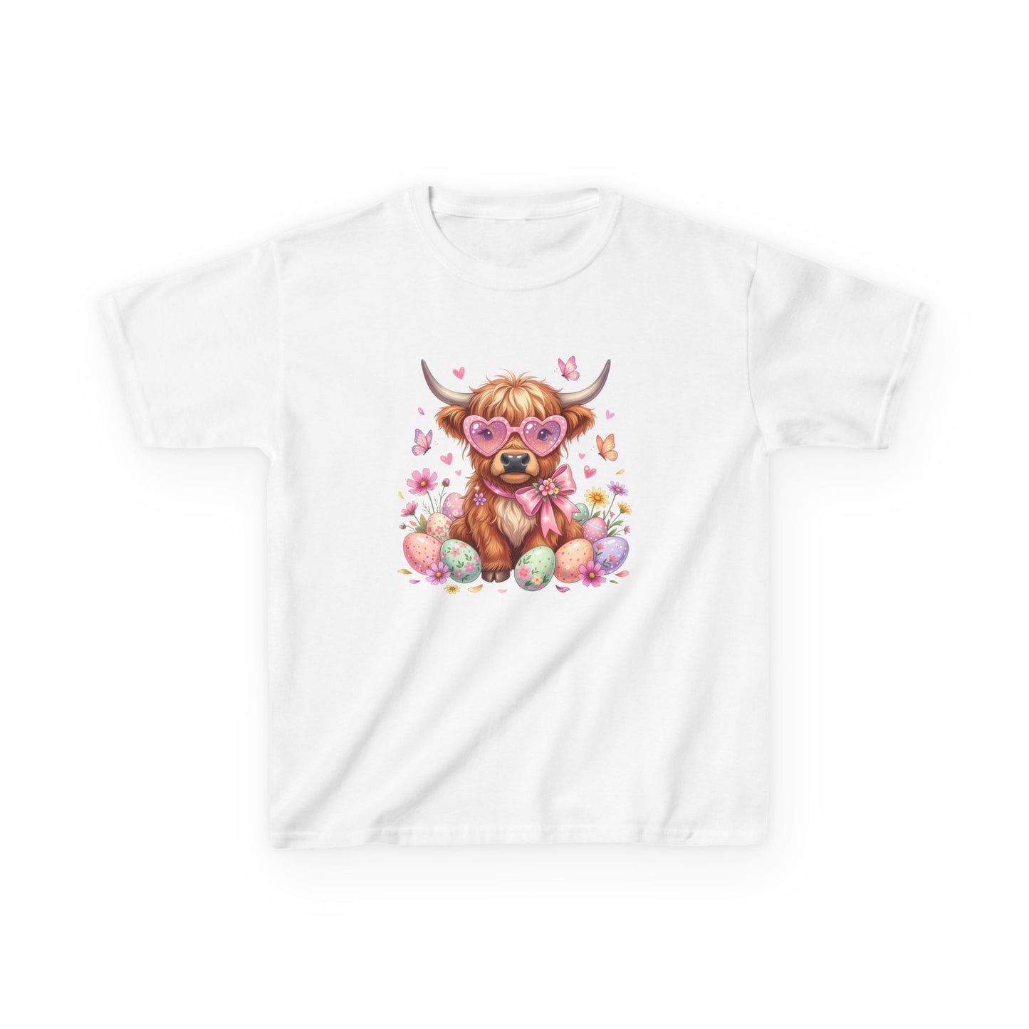 Kids Tee — Cute Highland Cow with Heart Glasses & Easter Eggs
